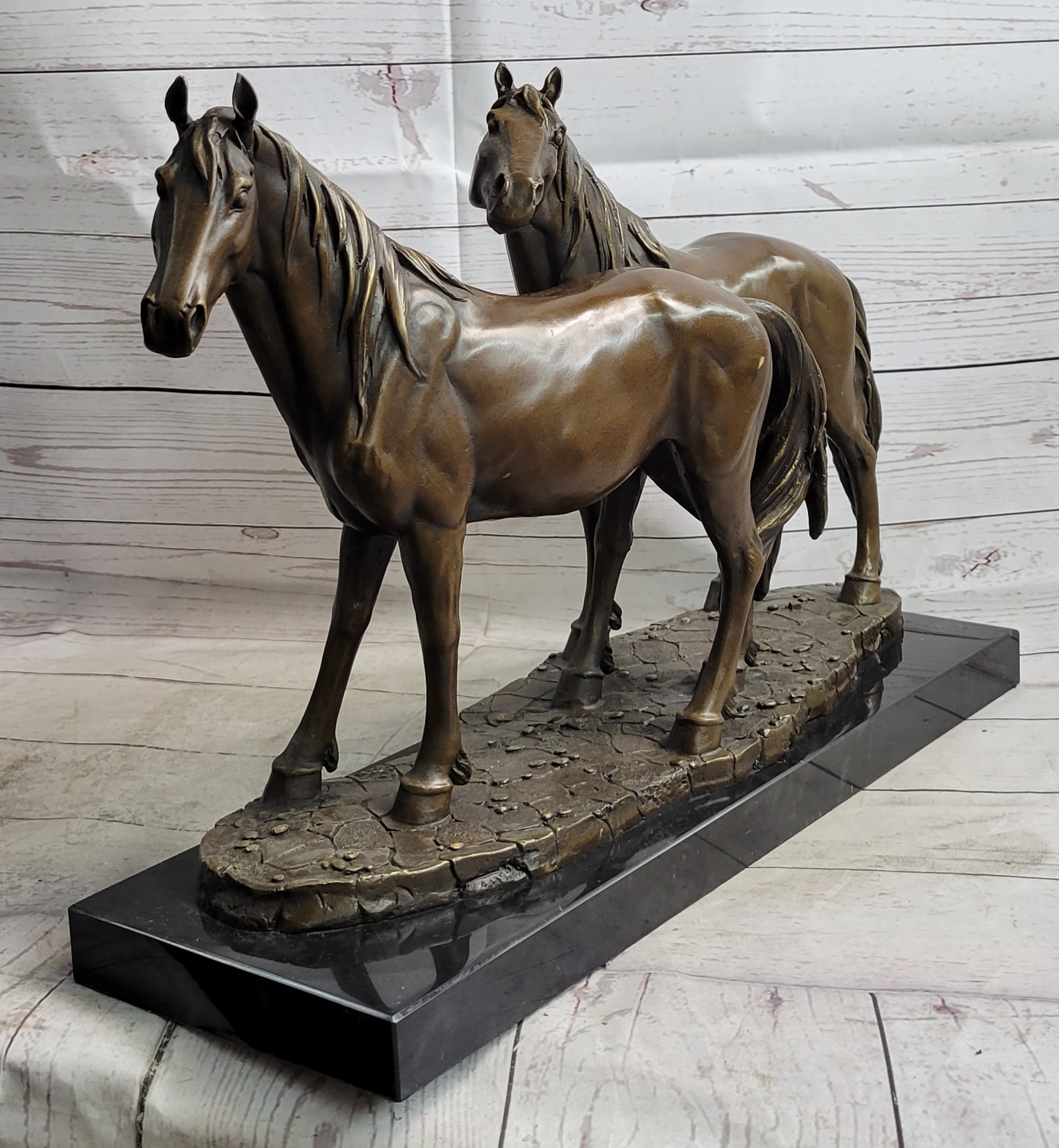 Two Horses Bronze Metal Statue Sculpture after PJ Mene on Marble Base