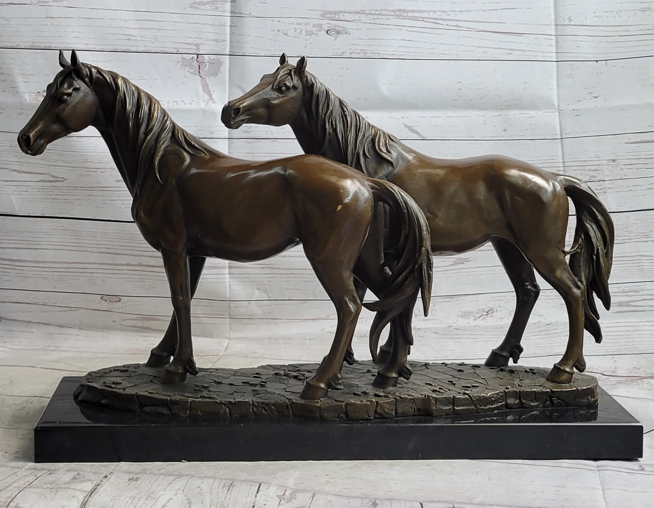 Two Horses Bronze Metal Statue Sculpture after PJ Mene on Marble Base