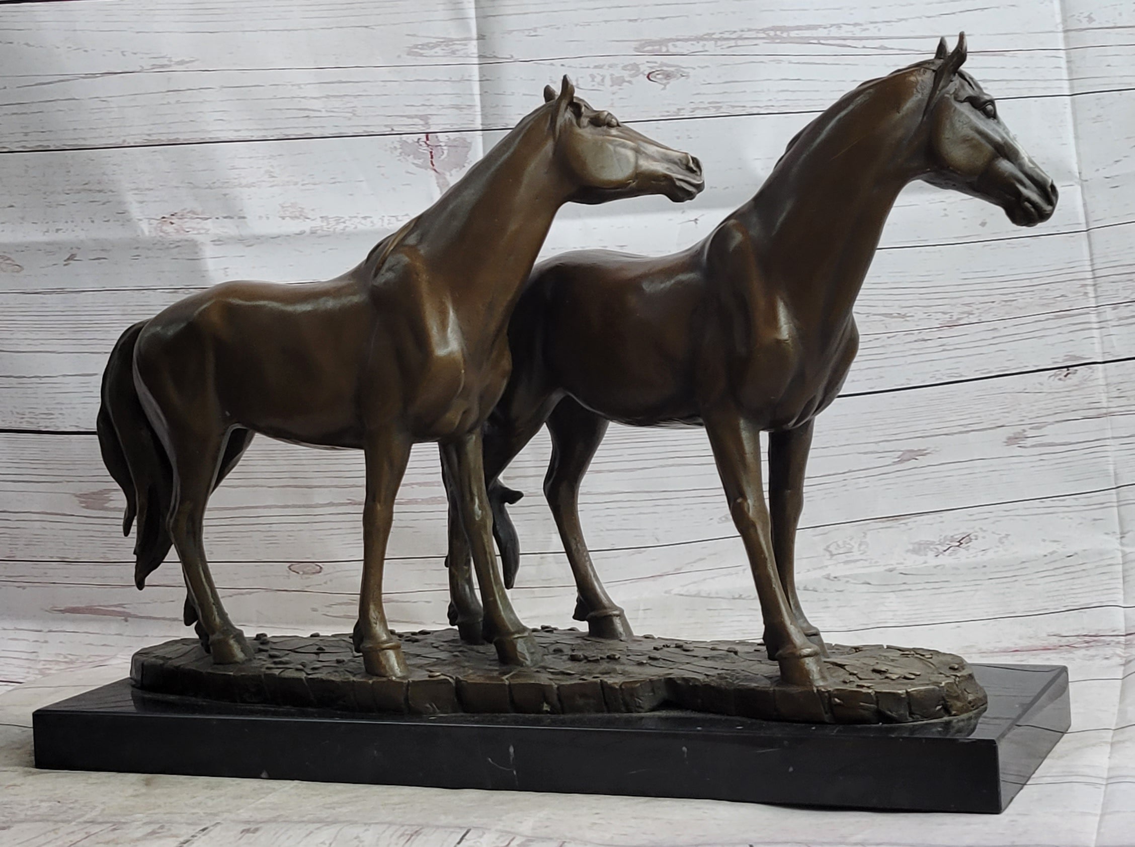 Two Horses Bronze Metal Statue Sculpture after PJ Mene on Marble Base