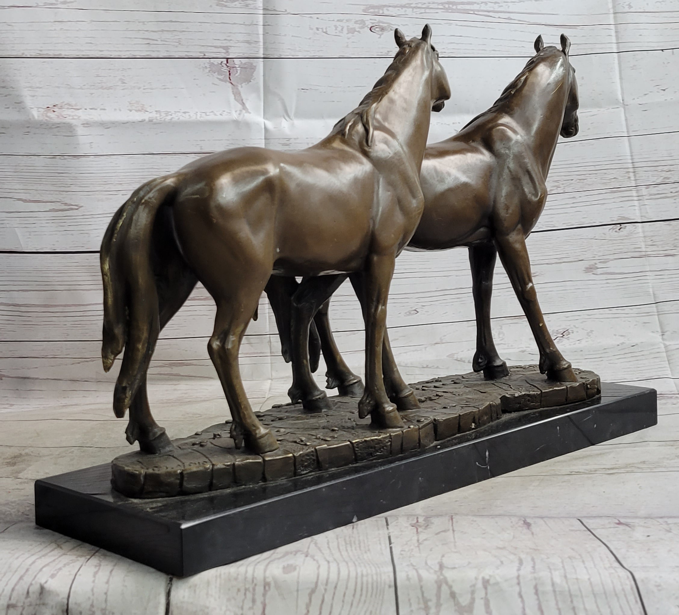 Two Horses Bronze Metal Statue Sculpture after PJ Mene on Marble Base