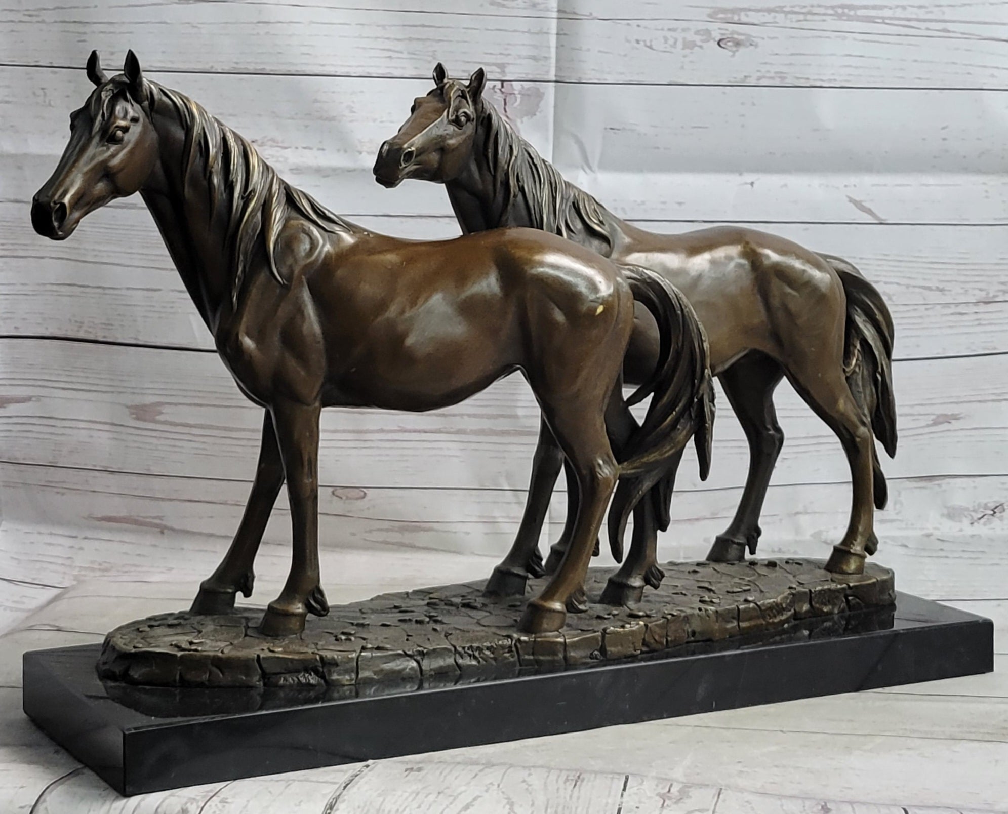 Two Horses Bronze Metal Statue Sculpture after PJ Mene on Marble Base