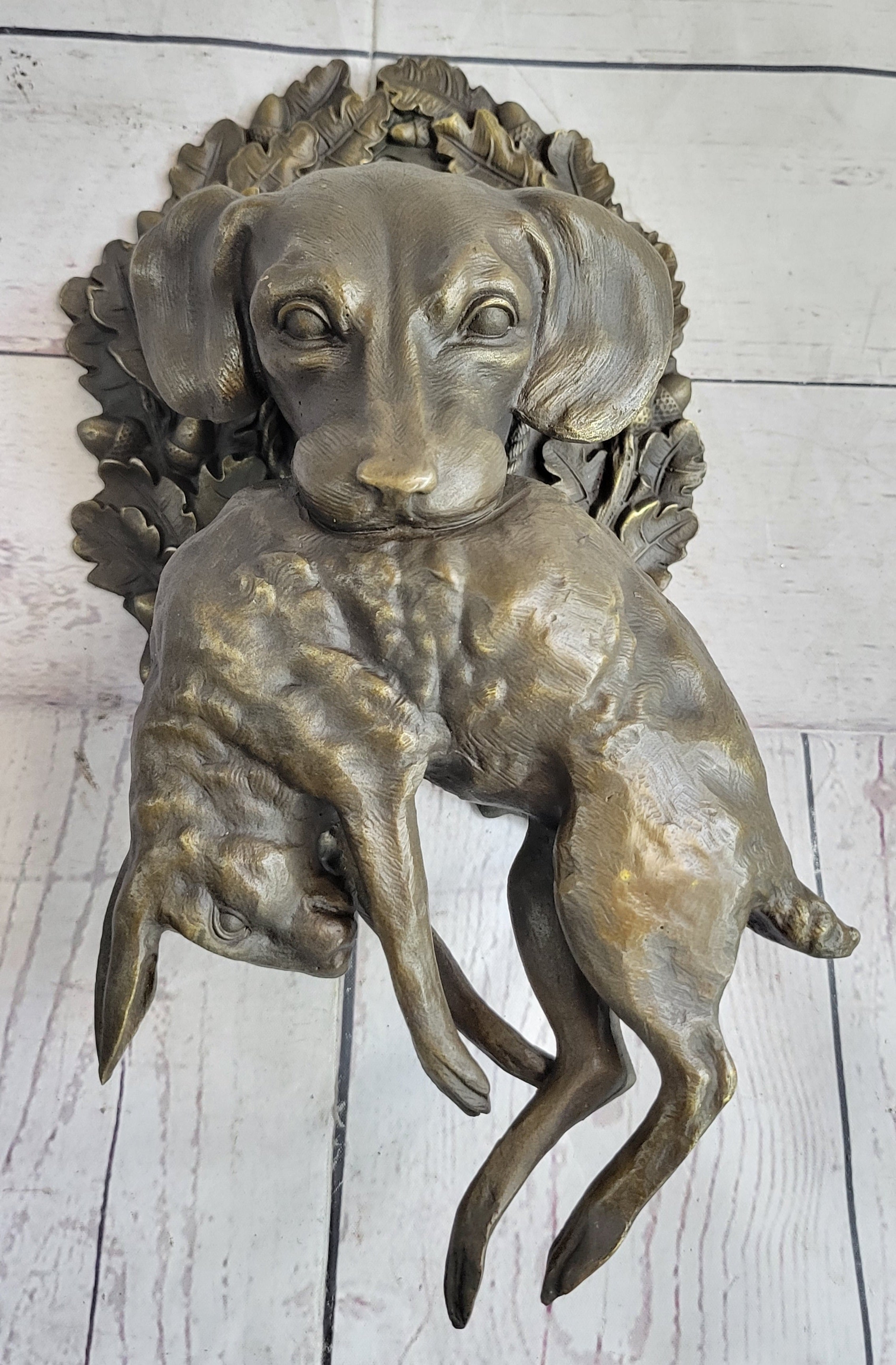 Hanging Wall Mounted Bronze Sculpture of Retriever Dog with Rabbit in Mouth 12" x 17"
