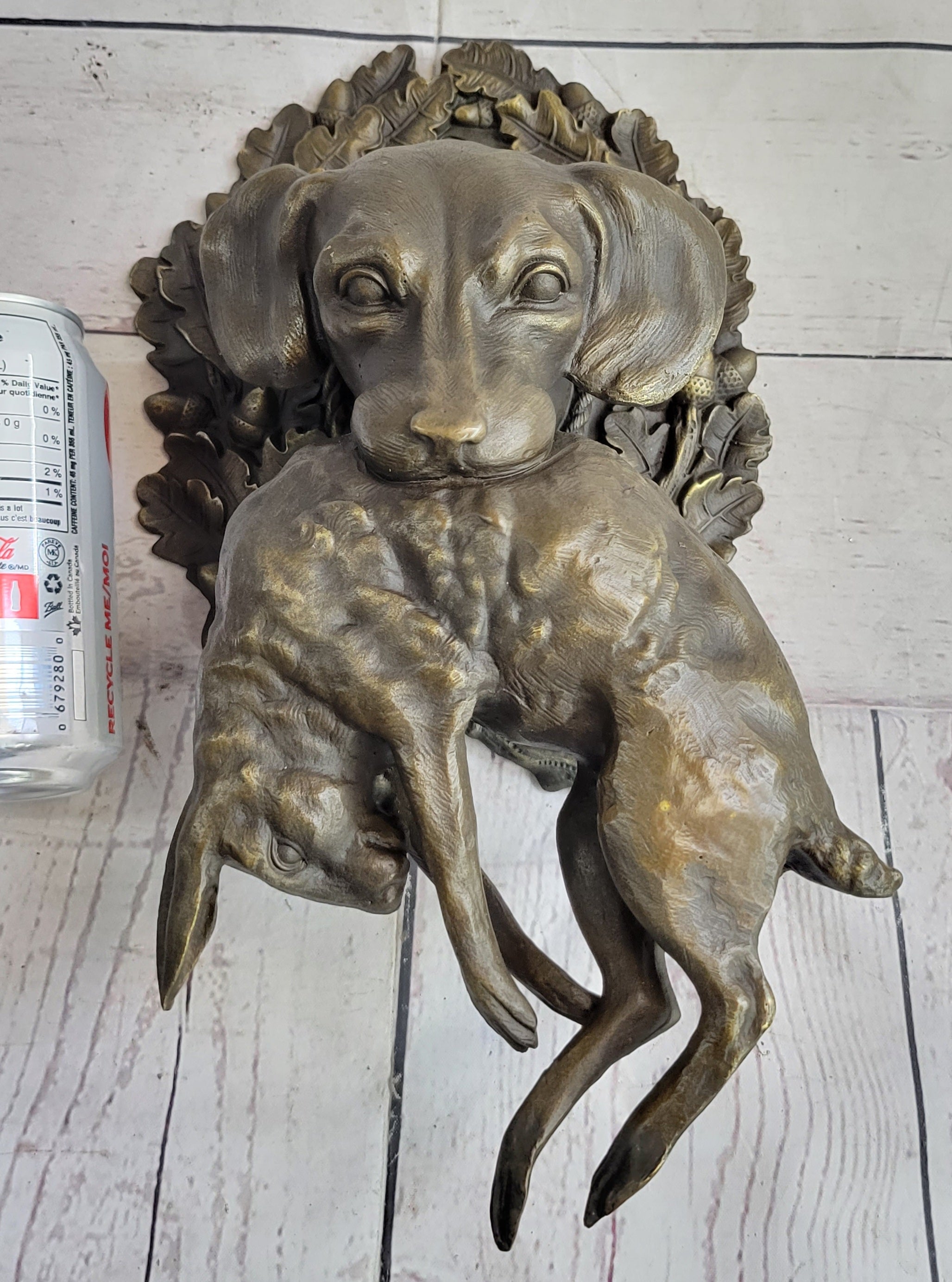 Hanging Wall Mounted Bronze Sculpture of Retriever Dog with Rabbit in Mouth 12" x 17"