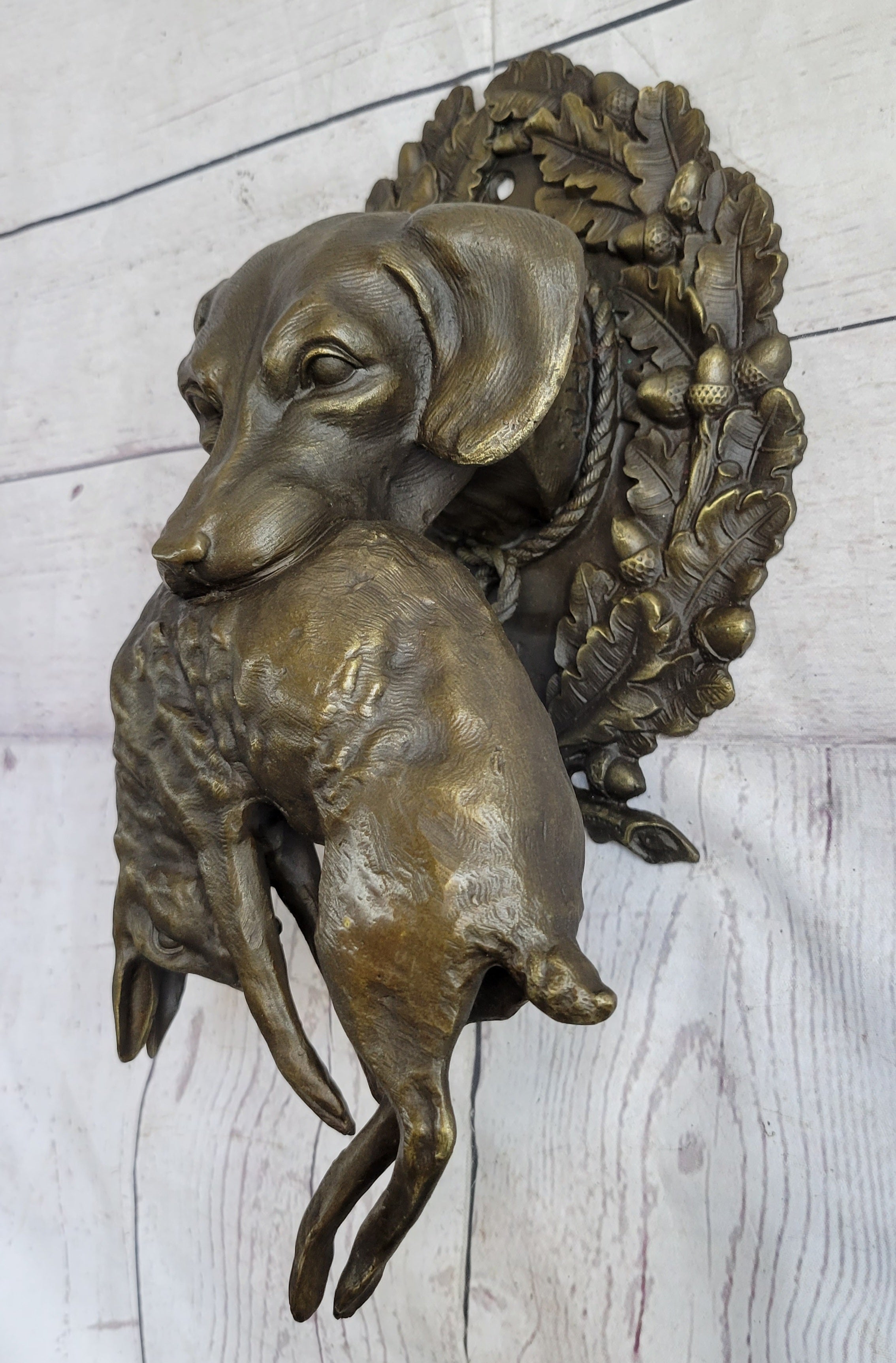 Hanging Wall Mounted Bronze Sculpture of Retriever Dog with Rabbit in Mouth 12" x 17"