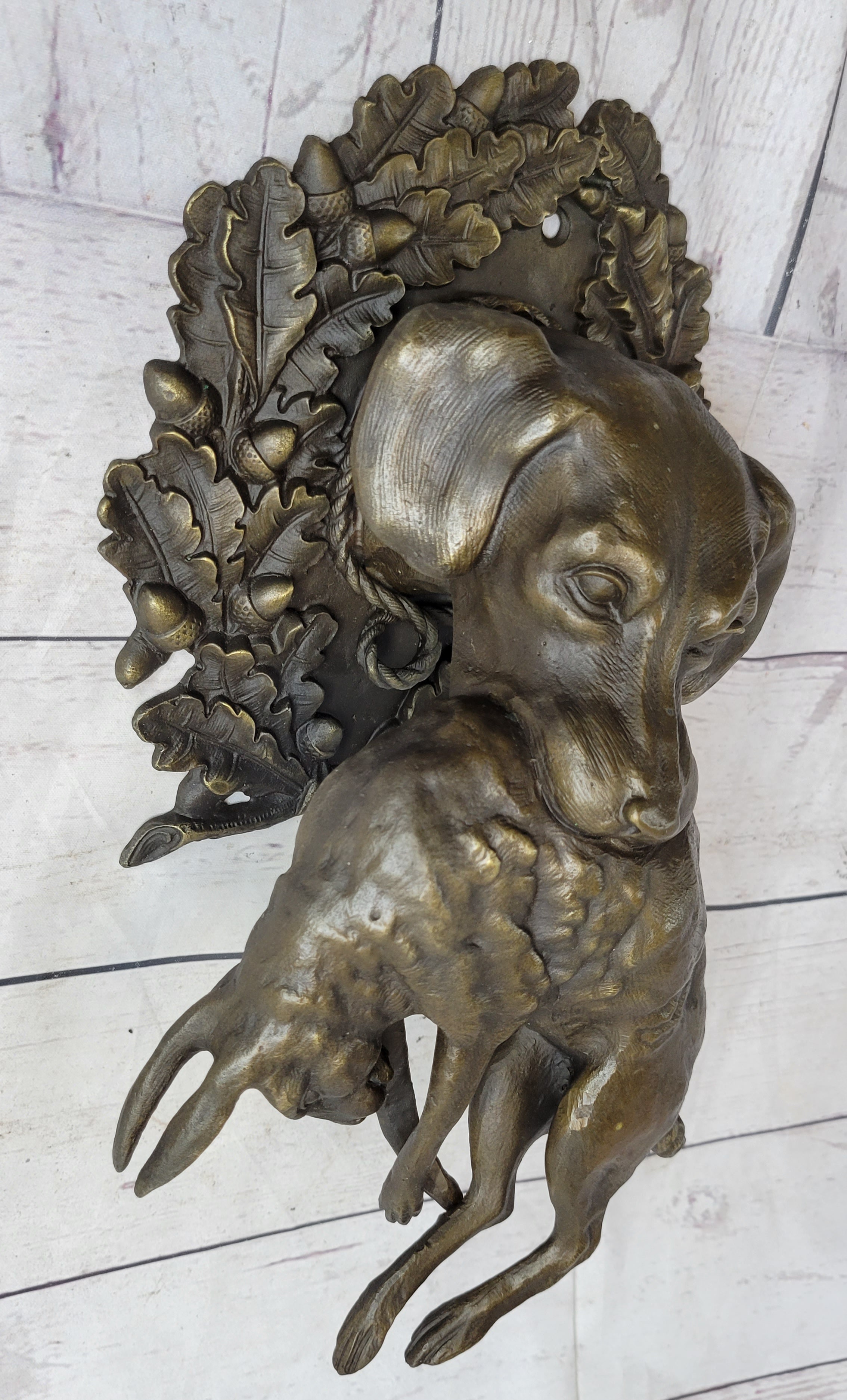Hanging Wall Mounted Bronze Sculpture of Retriever Dog with Rabbit in Mouth 12" x 17"