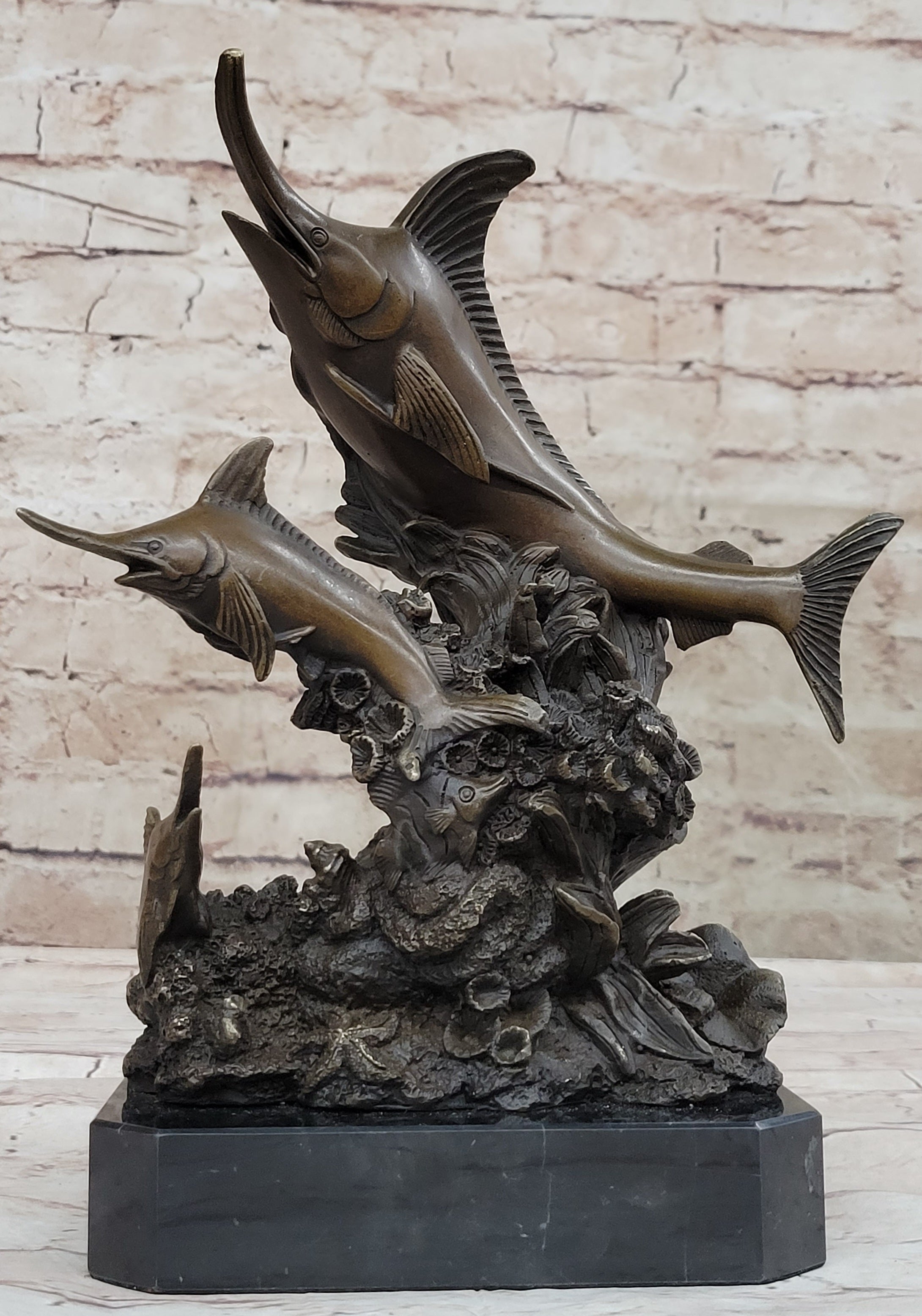 Original Bronze Statue Sculpture of Marlin Sailfish Swordfish Jumping out of Ocean on Marble Base
