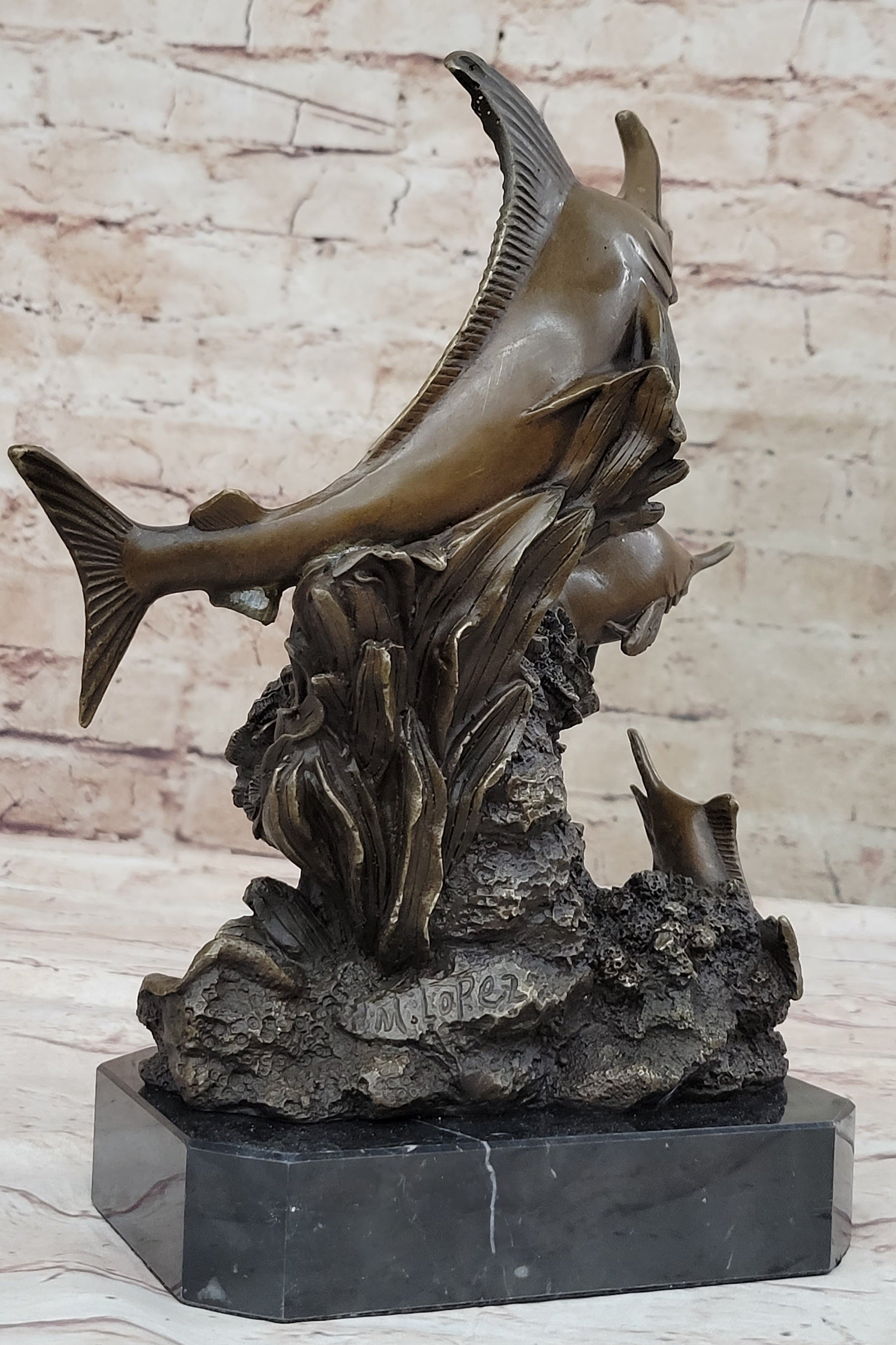Original Bronze Statue Sculpture of Marlin Sailfish Swordfish Jumping out of Ocean on Marble Base