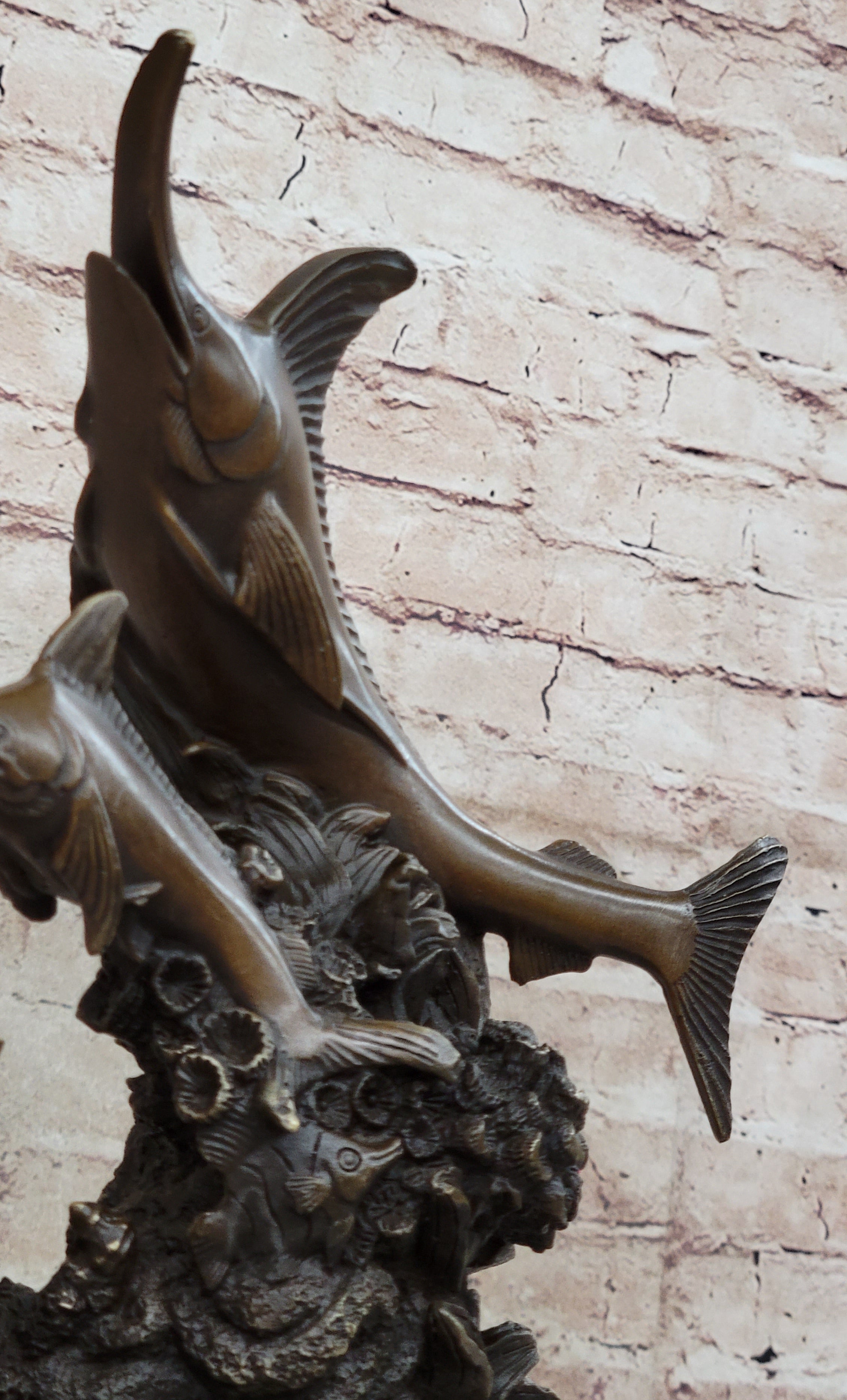 Original Bronze Statue Sculpture of Marlin Sailfish Swordfish Jumping out of Ocean on Marble Base