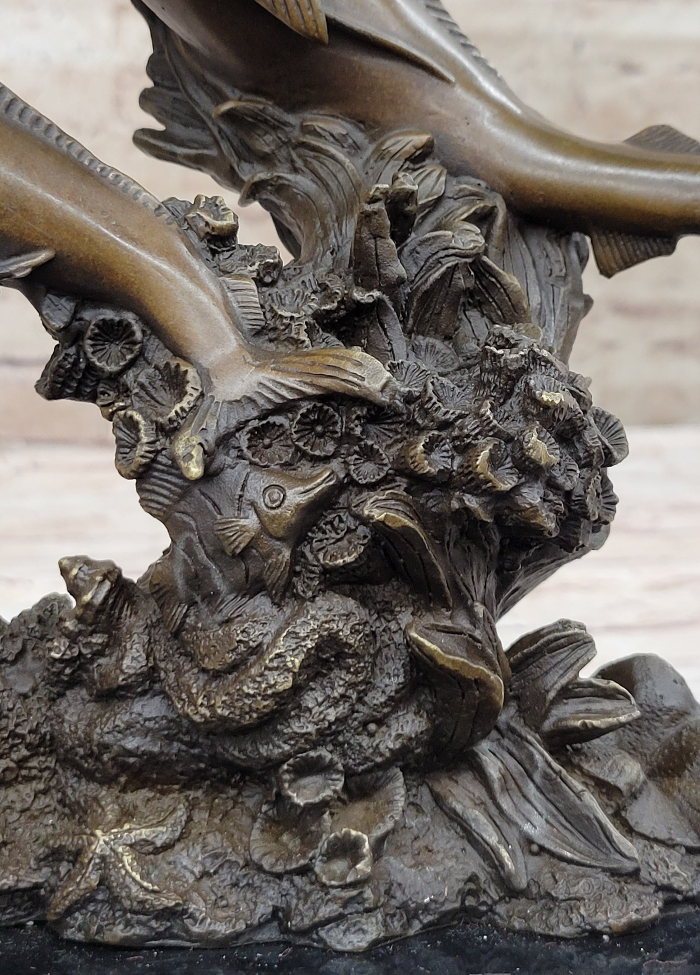Original Bronze Statue Sculpture of Marlin Sailfish Swordfish Jumping out of Ocean on Marble Base