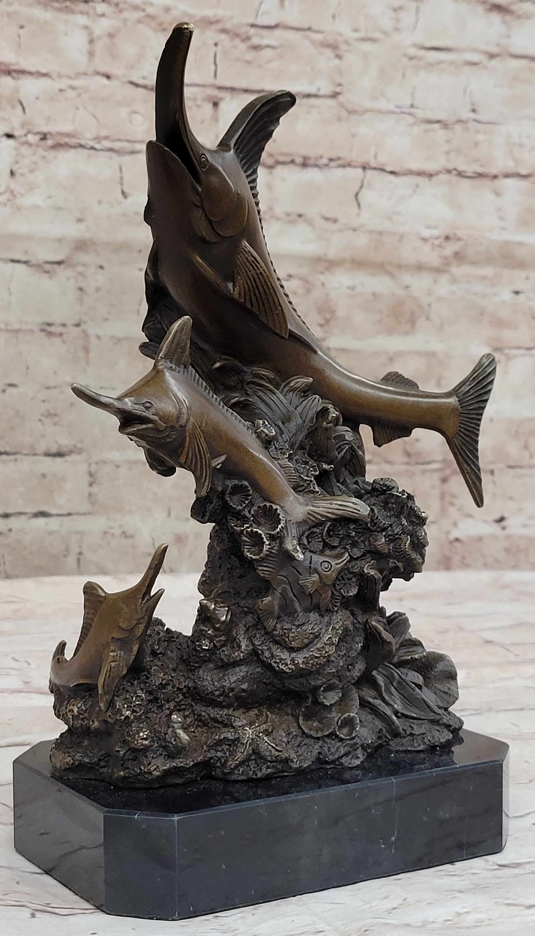 Original Bronze Statue Sculpture of Marlin Sailfish Swordfish Jumping out of Ocean on Marble Base