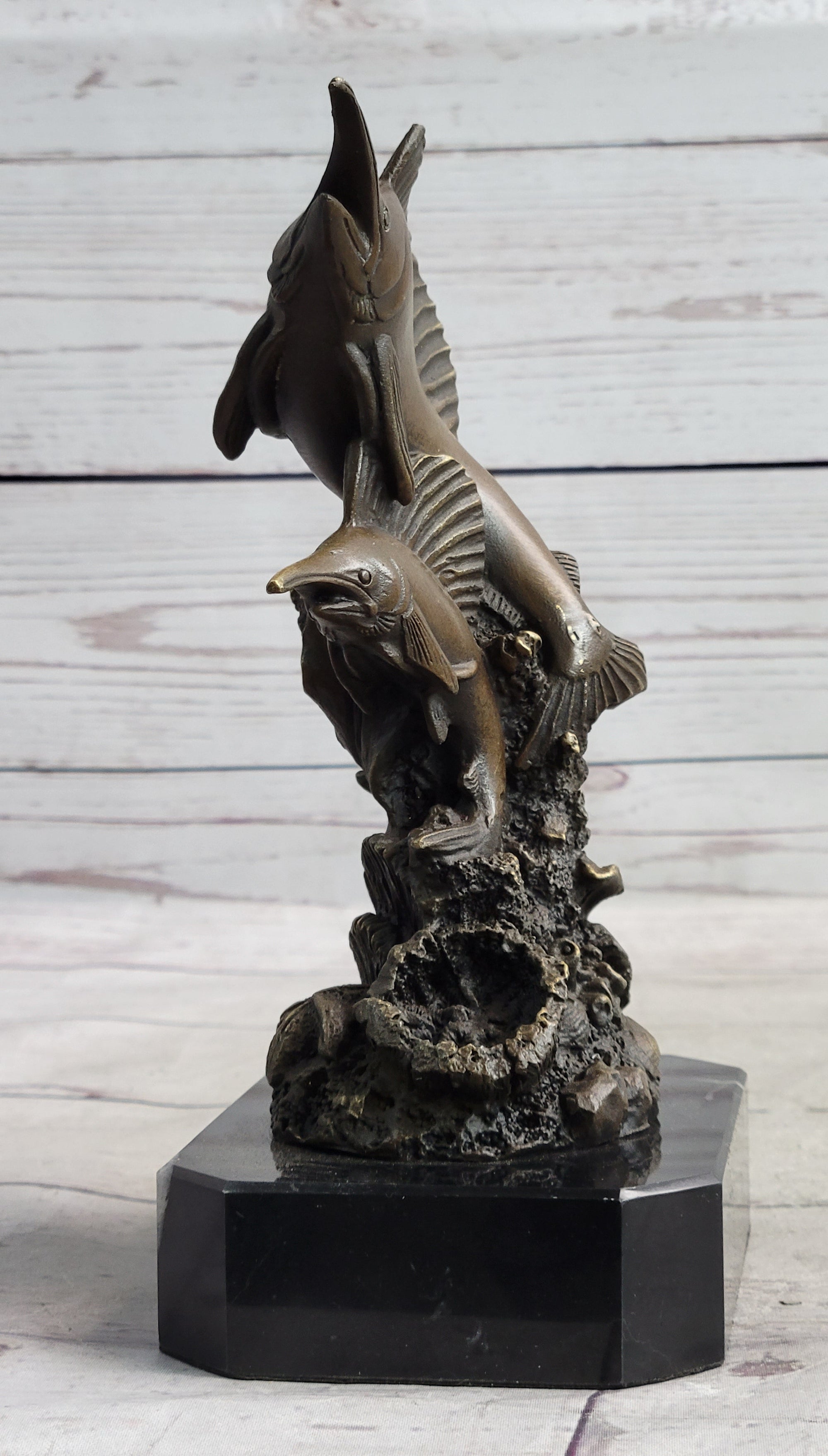 Marlins Sailfish Swordfish Jumping Out of Ocean Bronze Sculpture Statue Decor on Marble Base