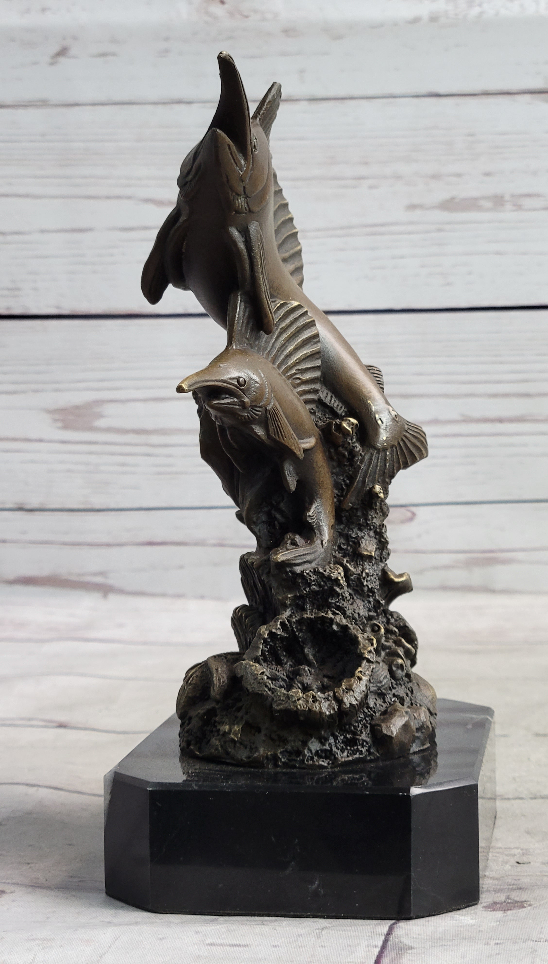 Marlins Sailfish Swordfish Jumping Out of Ocean Bronze Sculpture Statue Decor on Marble Base