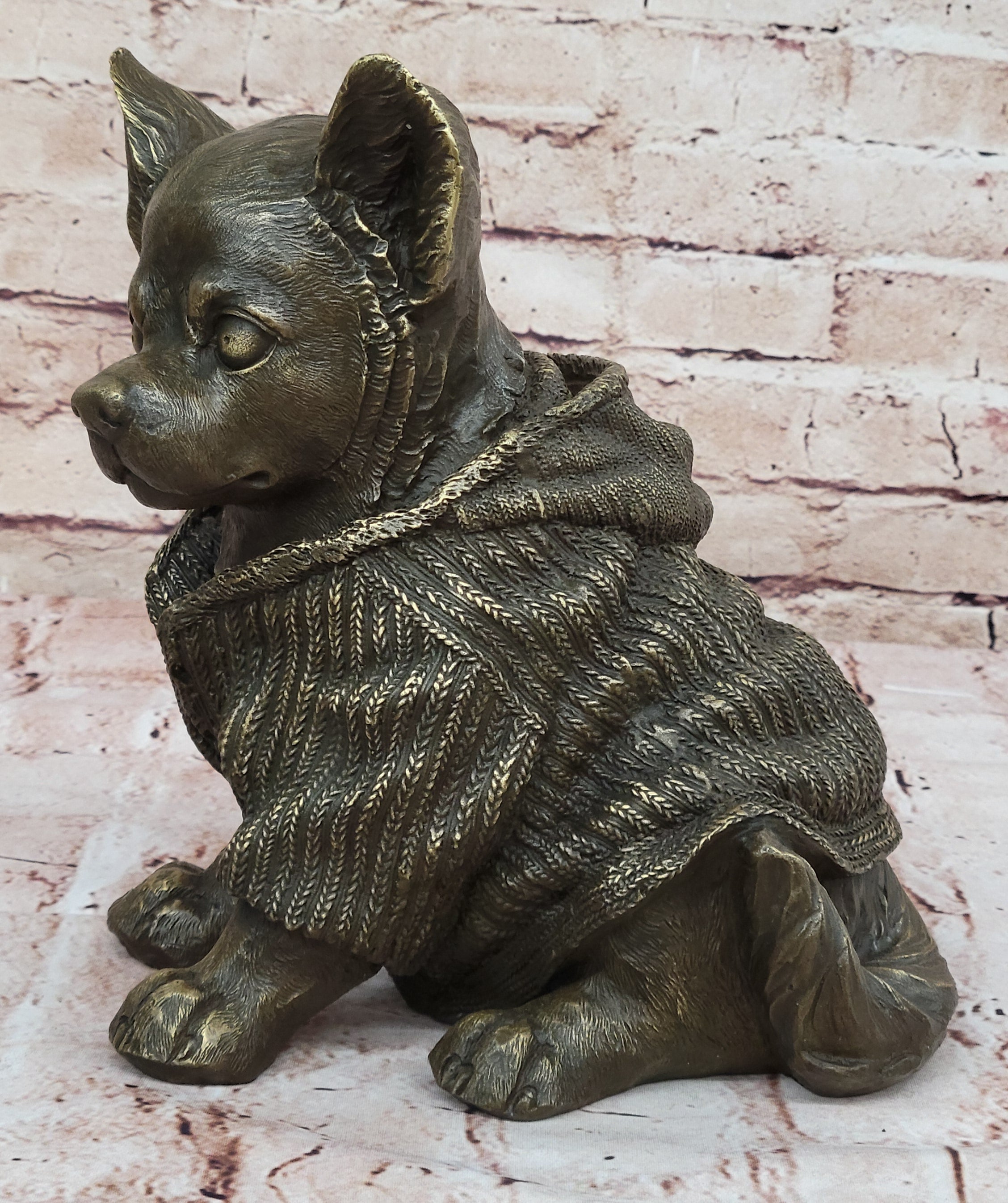 Cute Chihuahua Dog in Hooded Sweater Bronze Sculpture Figurine Statue Hot Cast