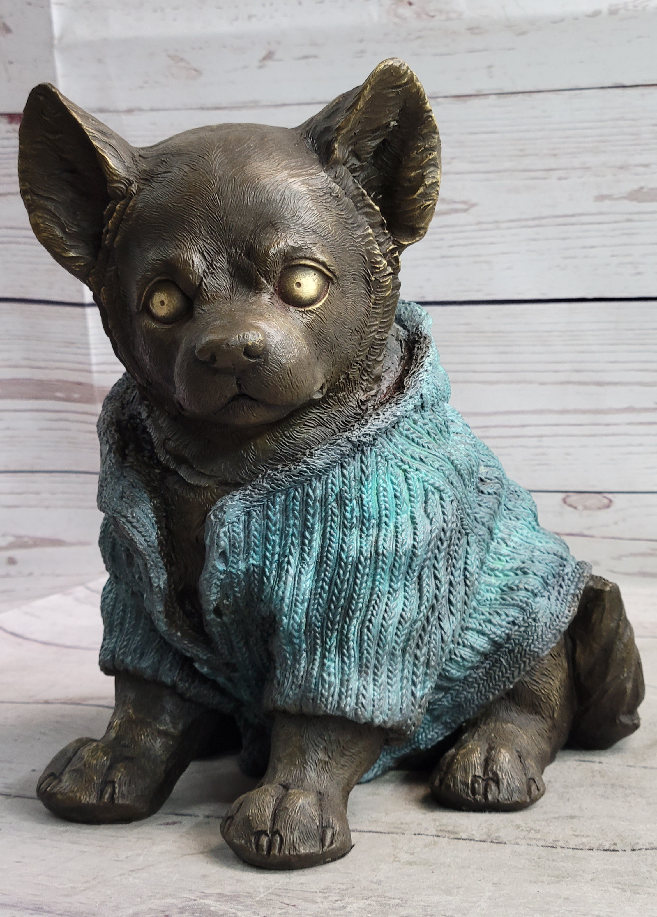 Chihuahua Puppy Dog Wearing Blue Sweater Bronze Metal Figurine Sculpture Decor