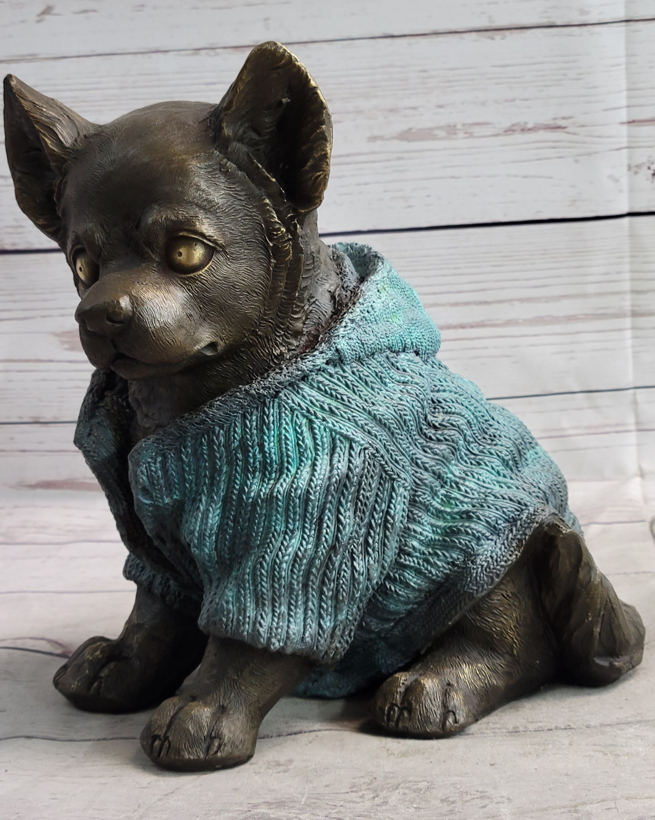 Chihuahua Puppy Dog Wearing Blue Sweater Bronze Metal Figurine Sculpture Decor