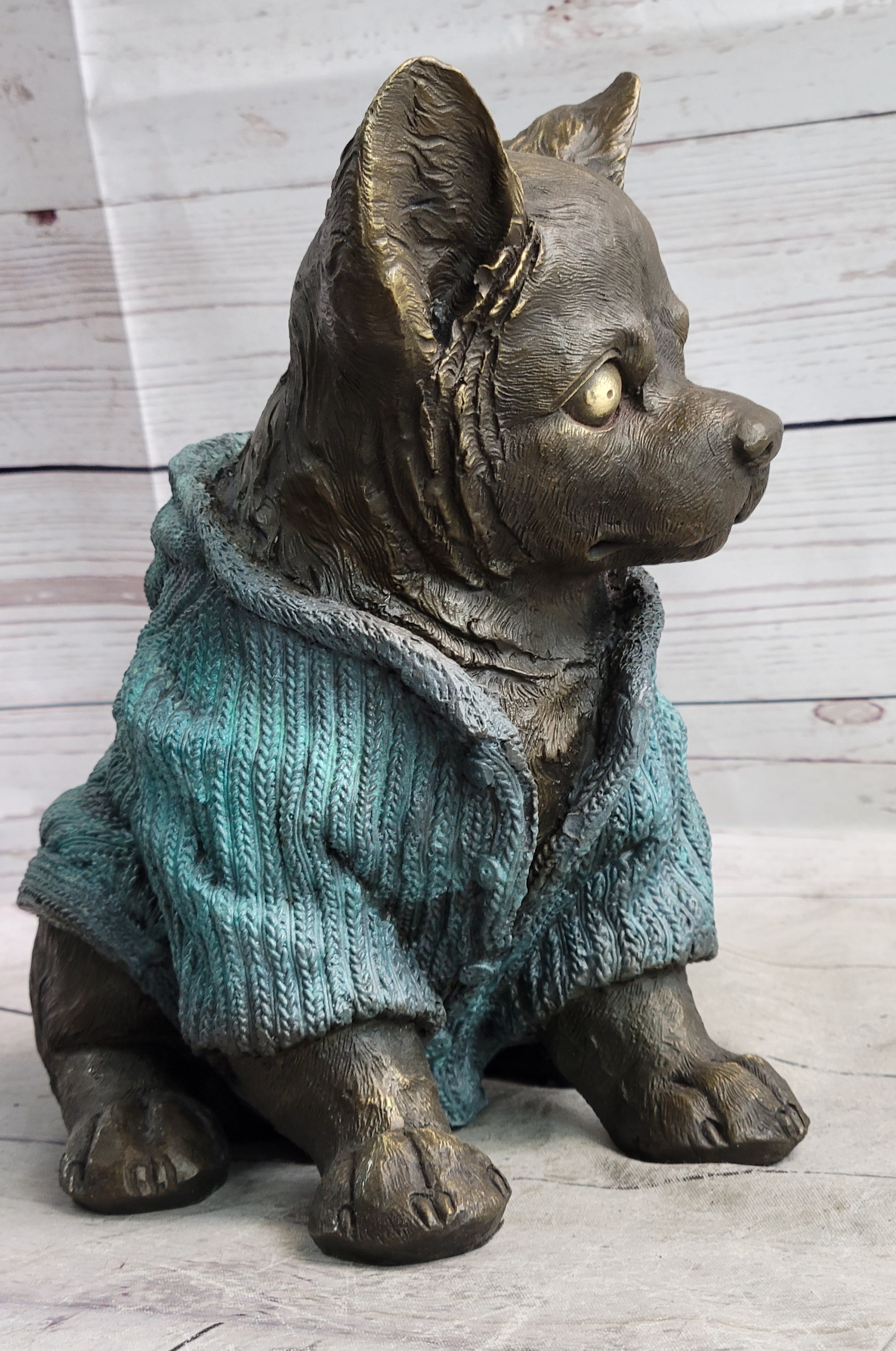 Chihuahua Puppy Dog Wearing Blue Sweater Bronze Metal Figurine Sculpture Decor