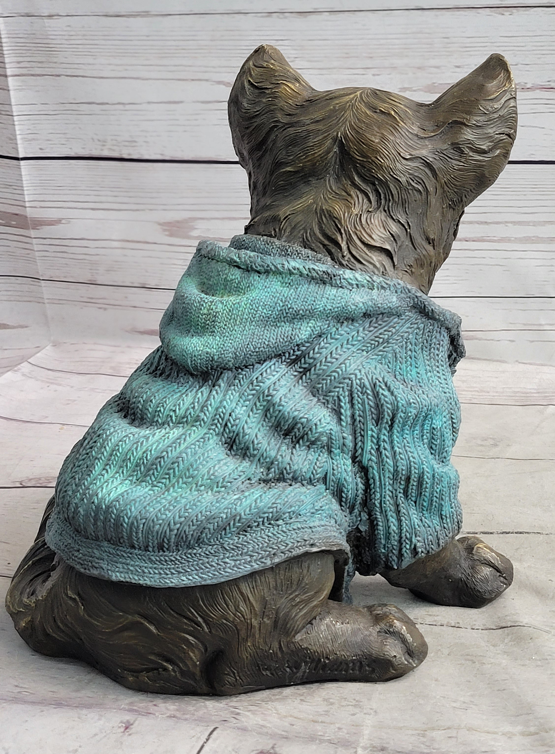 Chihuahua Puppy Dog Wearing Blue Sweater Bronze Metal Figurine Sculpture Decor