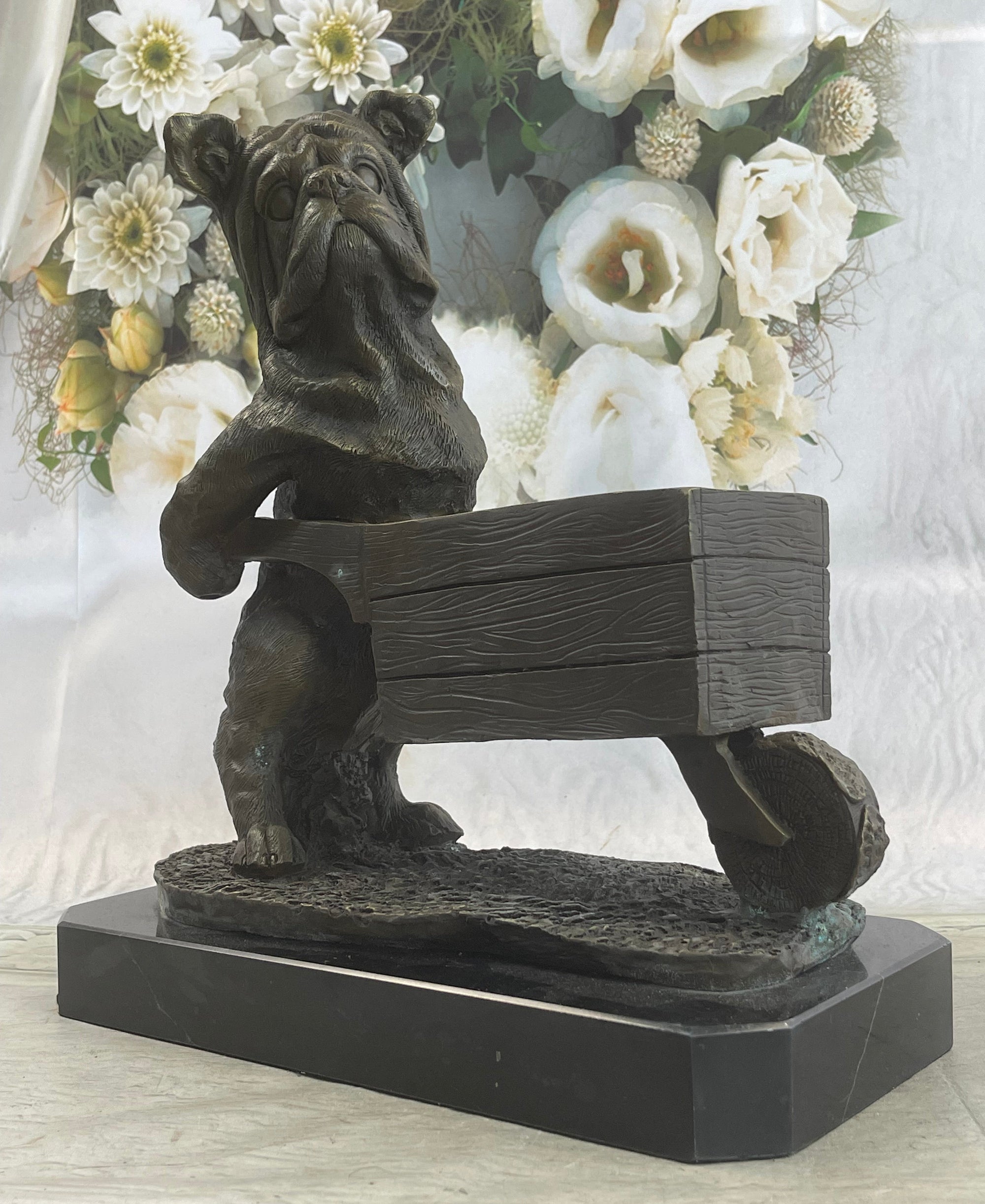English Bulldog Pushing Wheelbarrow Bronze Planter Dish Sculpture Figure 12" x 12"