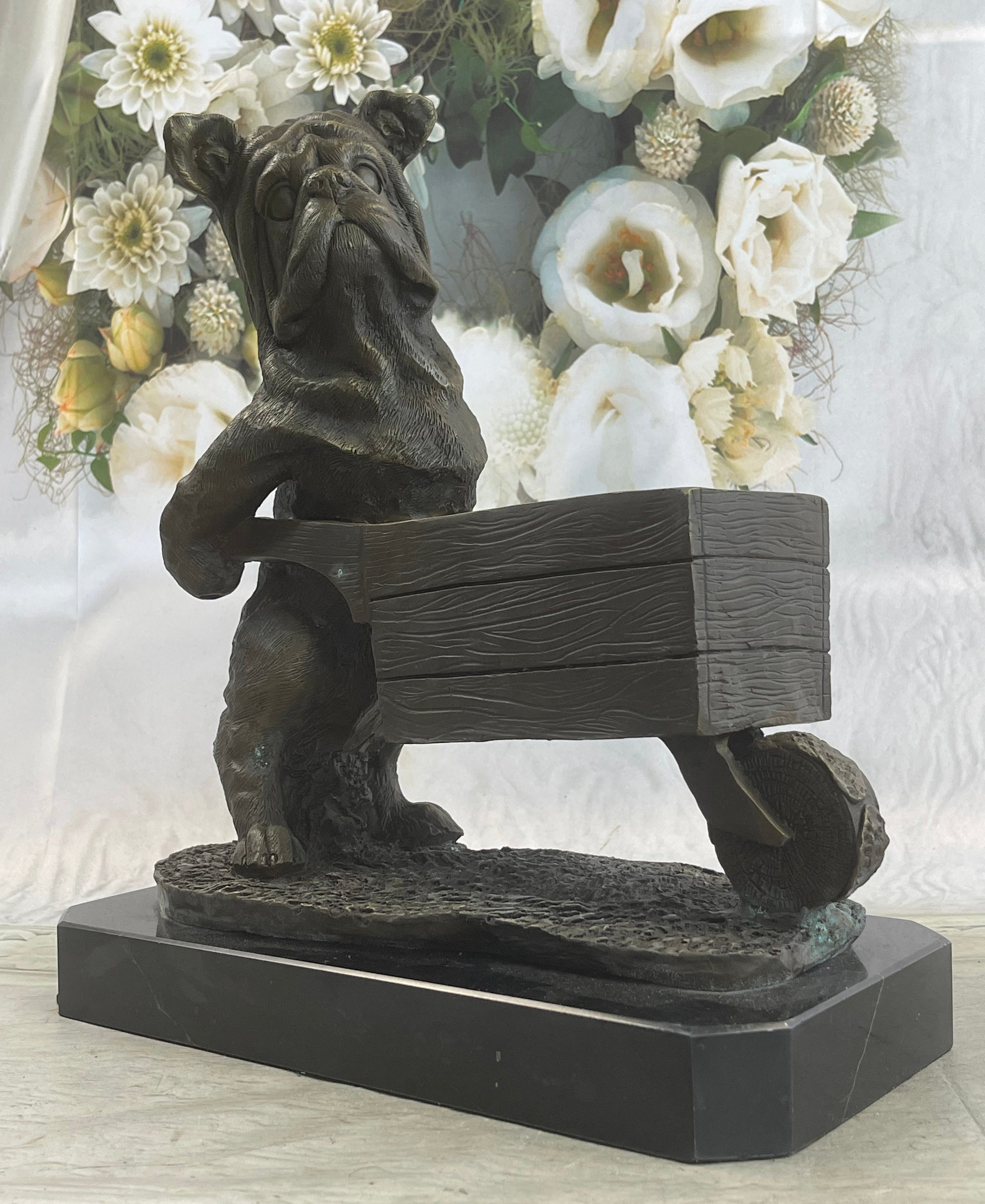 English Bulldog Pushing Wheelbarrow Bronze Planter Dish Sculpture Figure 12" x 12"