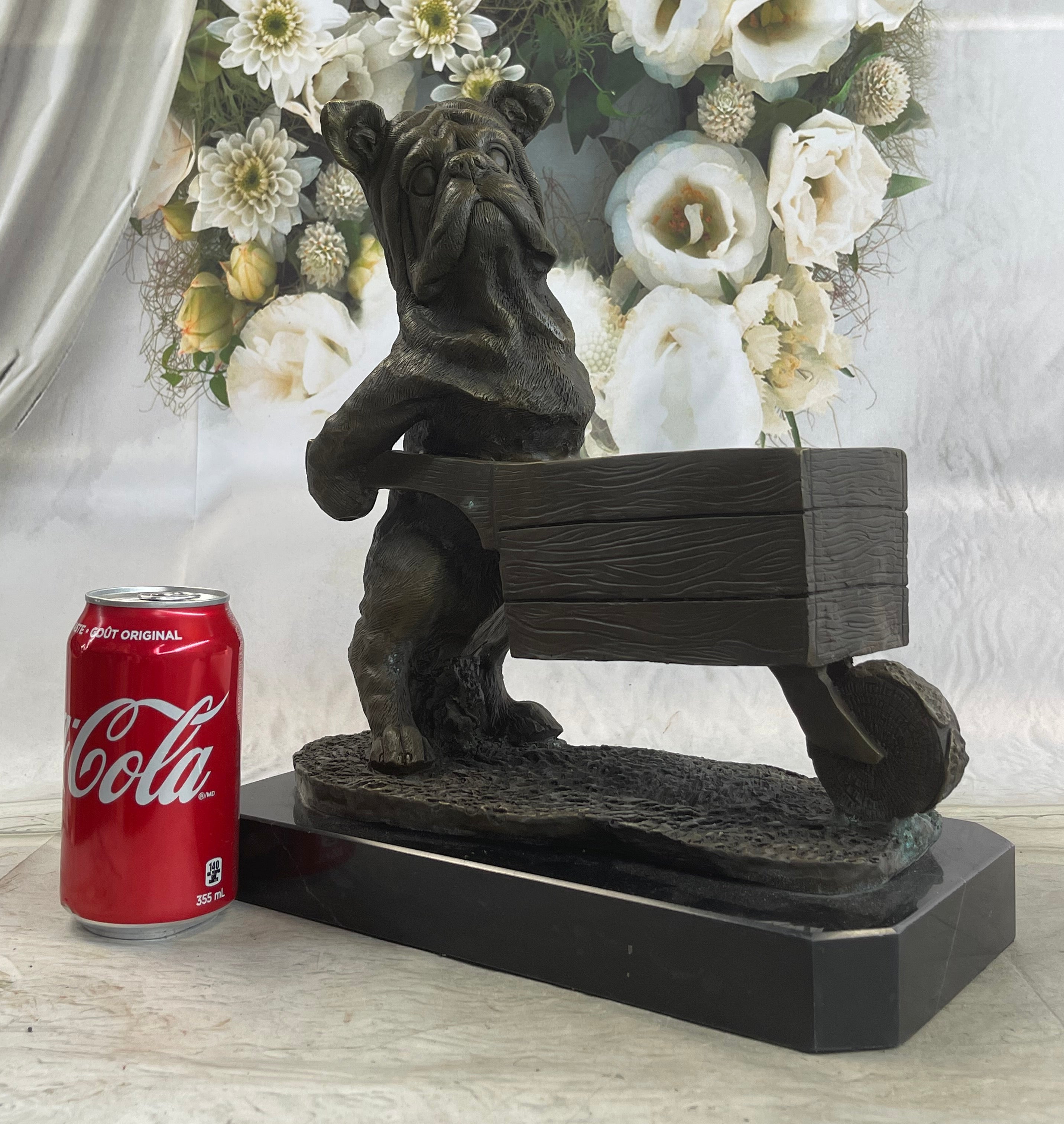 English Bulldog Pushing Wheelbarrow Bronze Planter Dish Sculpture Figure 12" x 12"