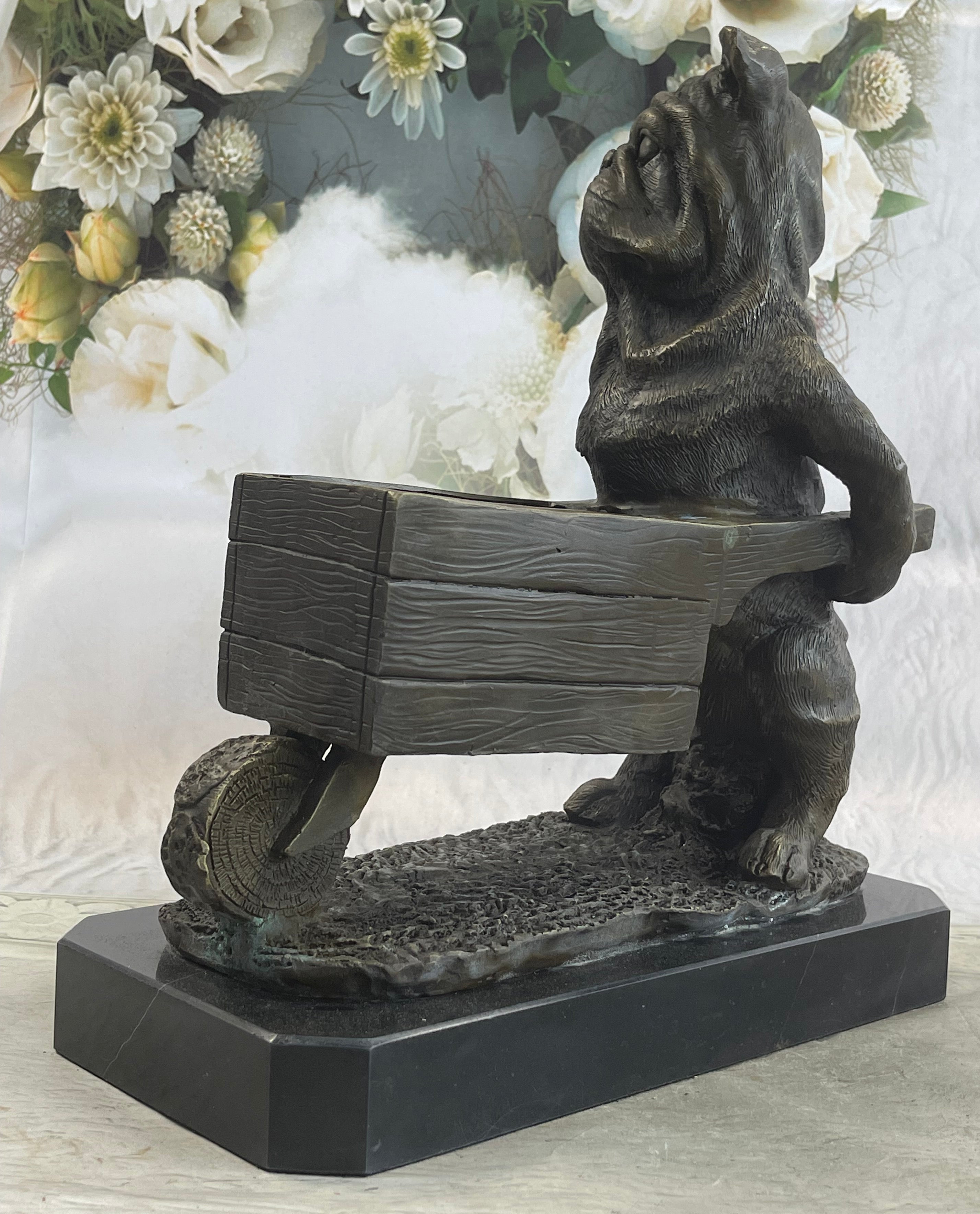 English Bulldog Pushing Wheelbarrow Bronze Planter Dish Sculpture Figure 12" x 12"