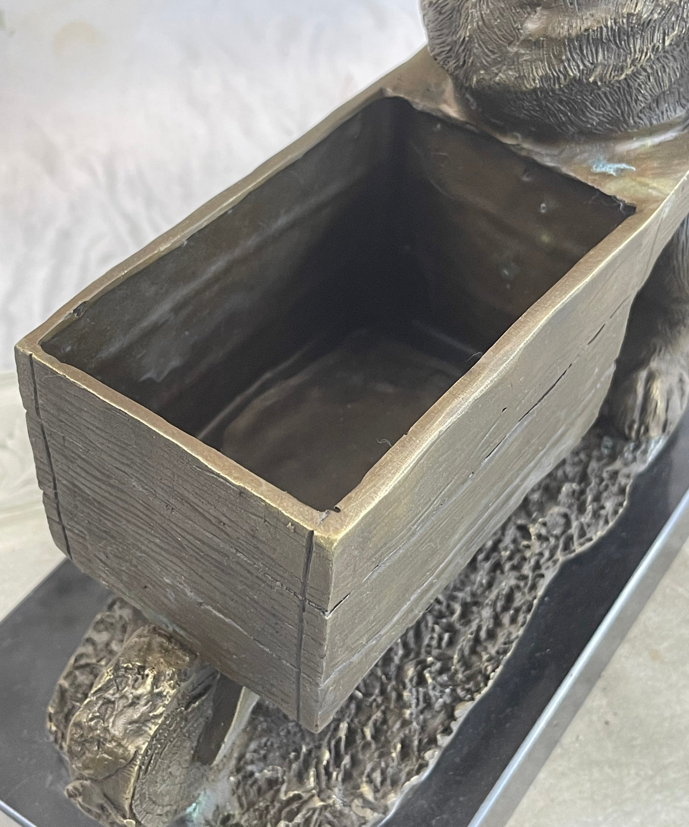 English Bulldog Pushing Wheelbarrow Bronze Planter Dish Sculpture Figure 12" x 12"