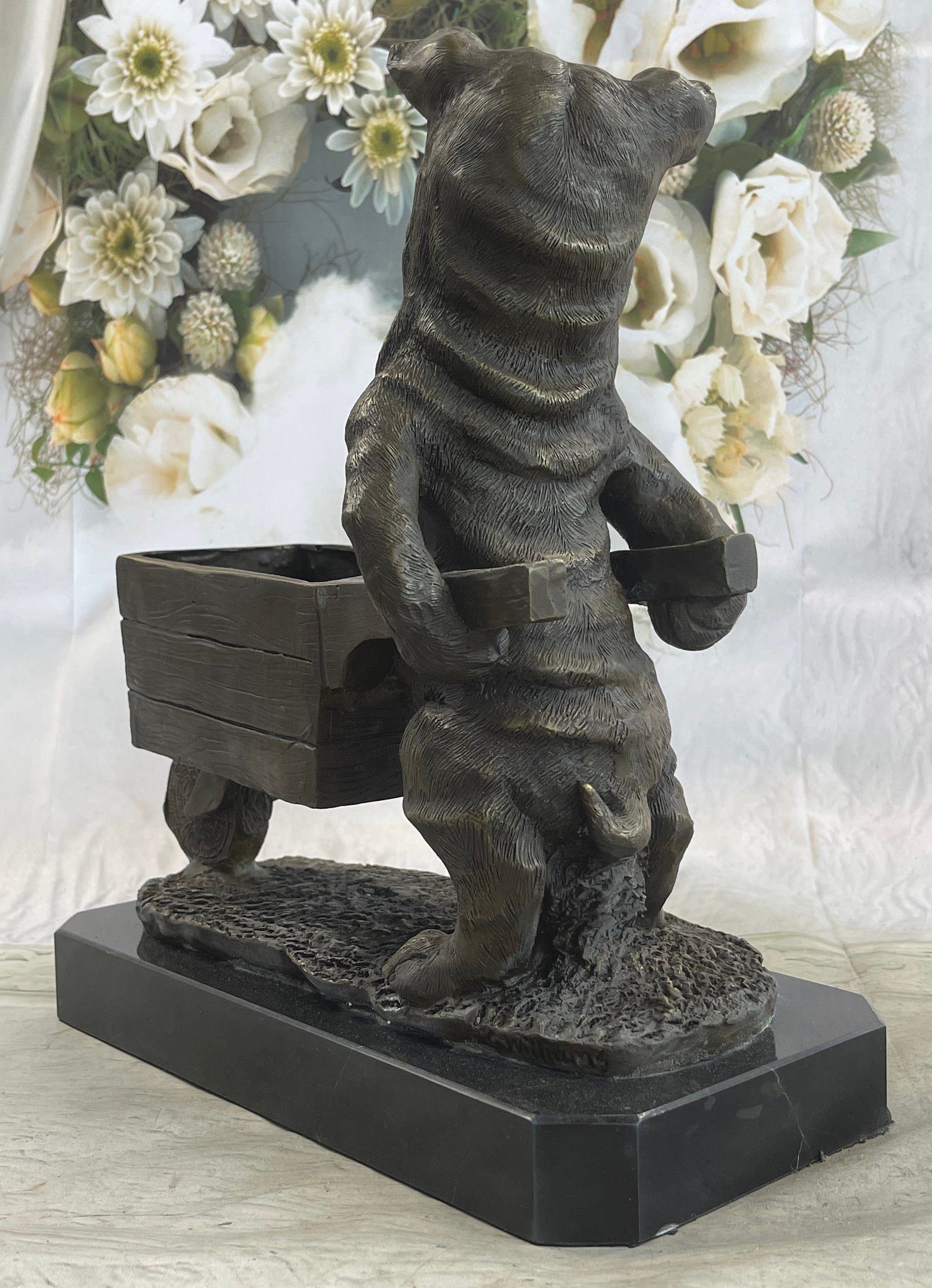 English Bulldog Pushing Wheelbarrow Bronze Planter Dish Sculpture Figure 12" x 12"