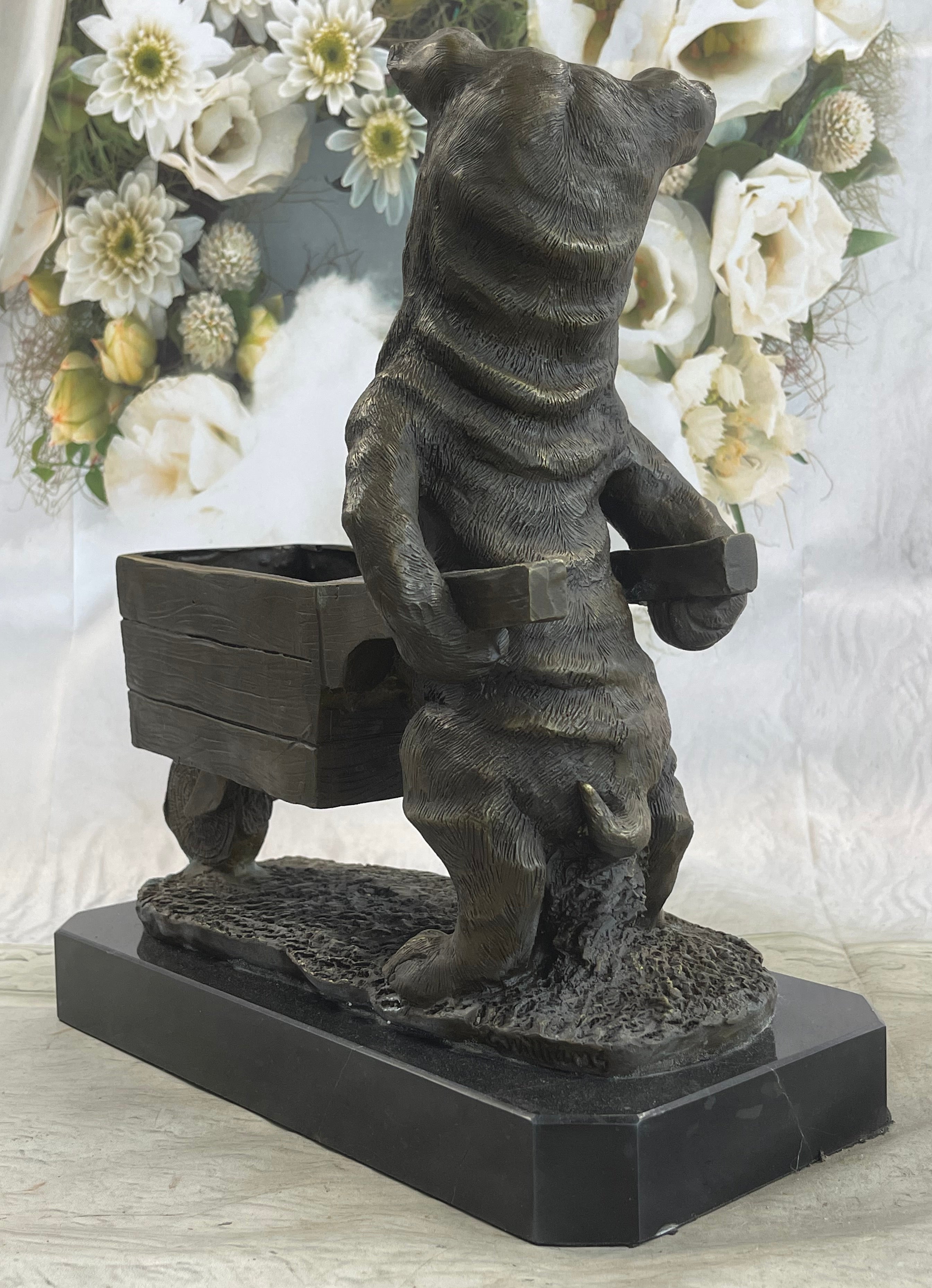 English Bulldog Pushing Wheelbarrow Bronze Planter Dish Sculpture Figure 12" x 12"