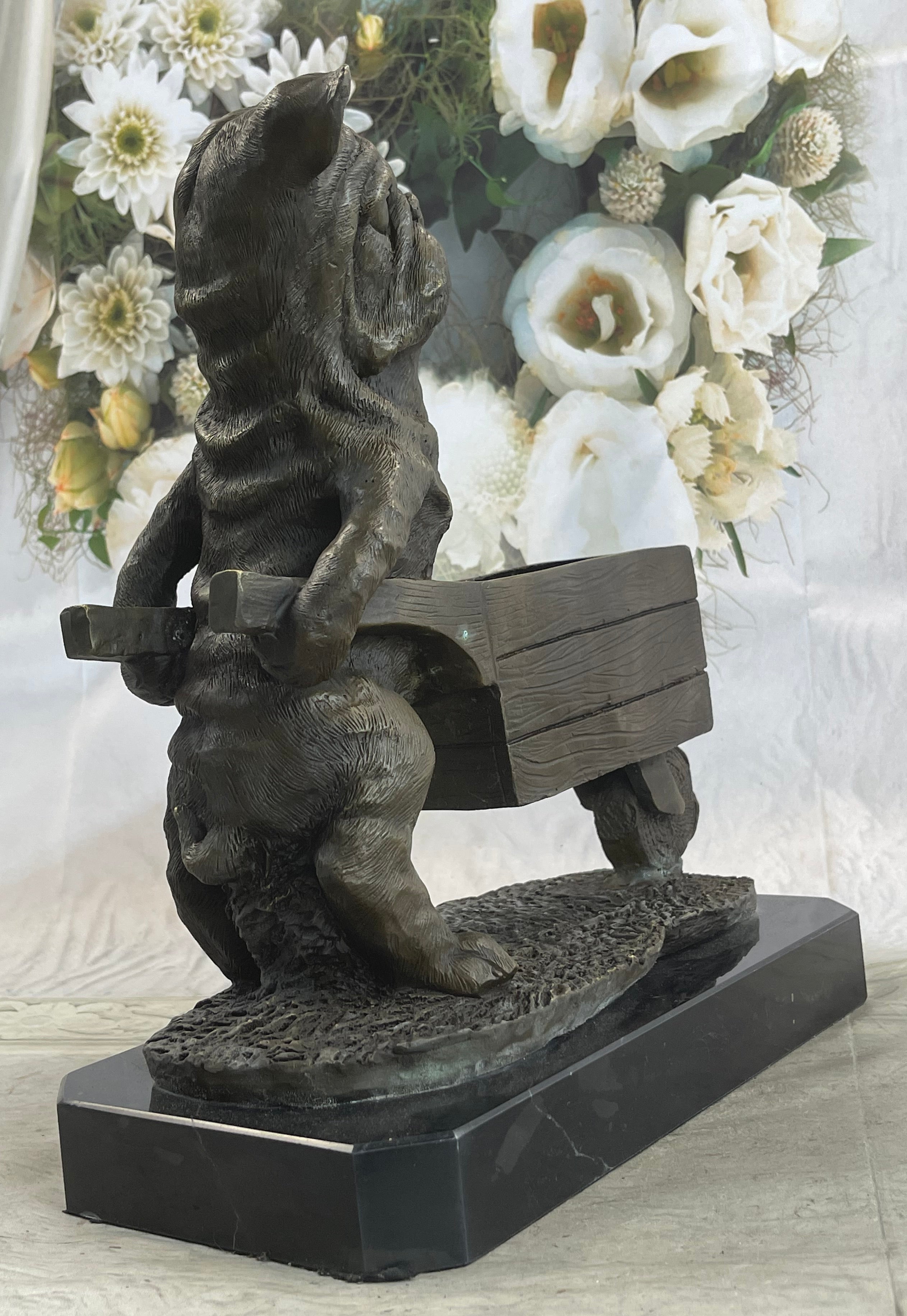 English Bulldog Pushing Wheelbarrow Bronze Planter Dish Sculpture Figure 12" x 12"