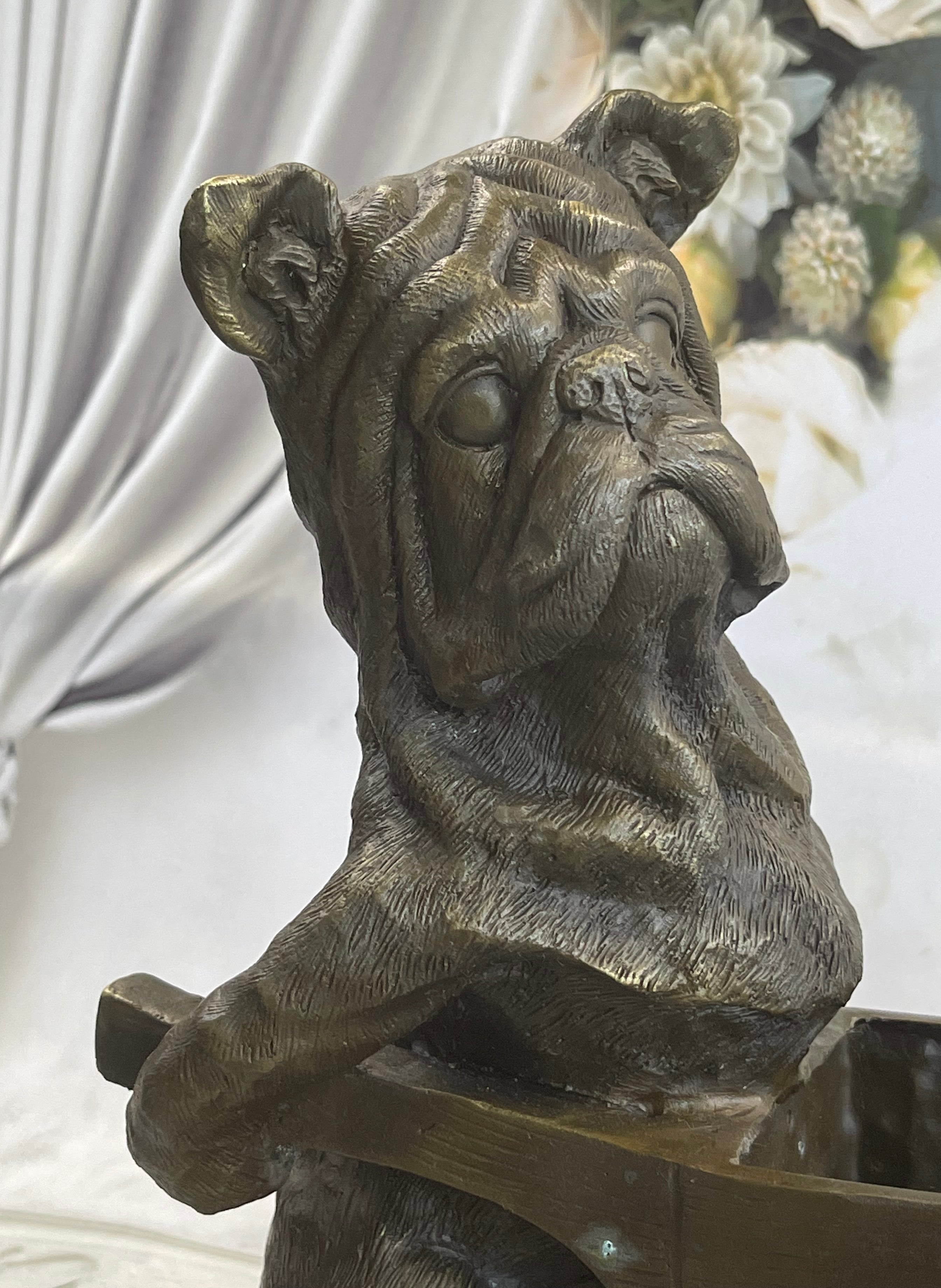 English Bulldog Pushing Wheelbarrow Bronze Planter Dish Sculpture Figure 12" x 12"