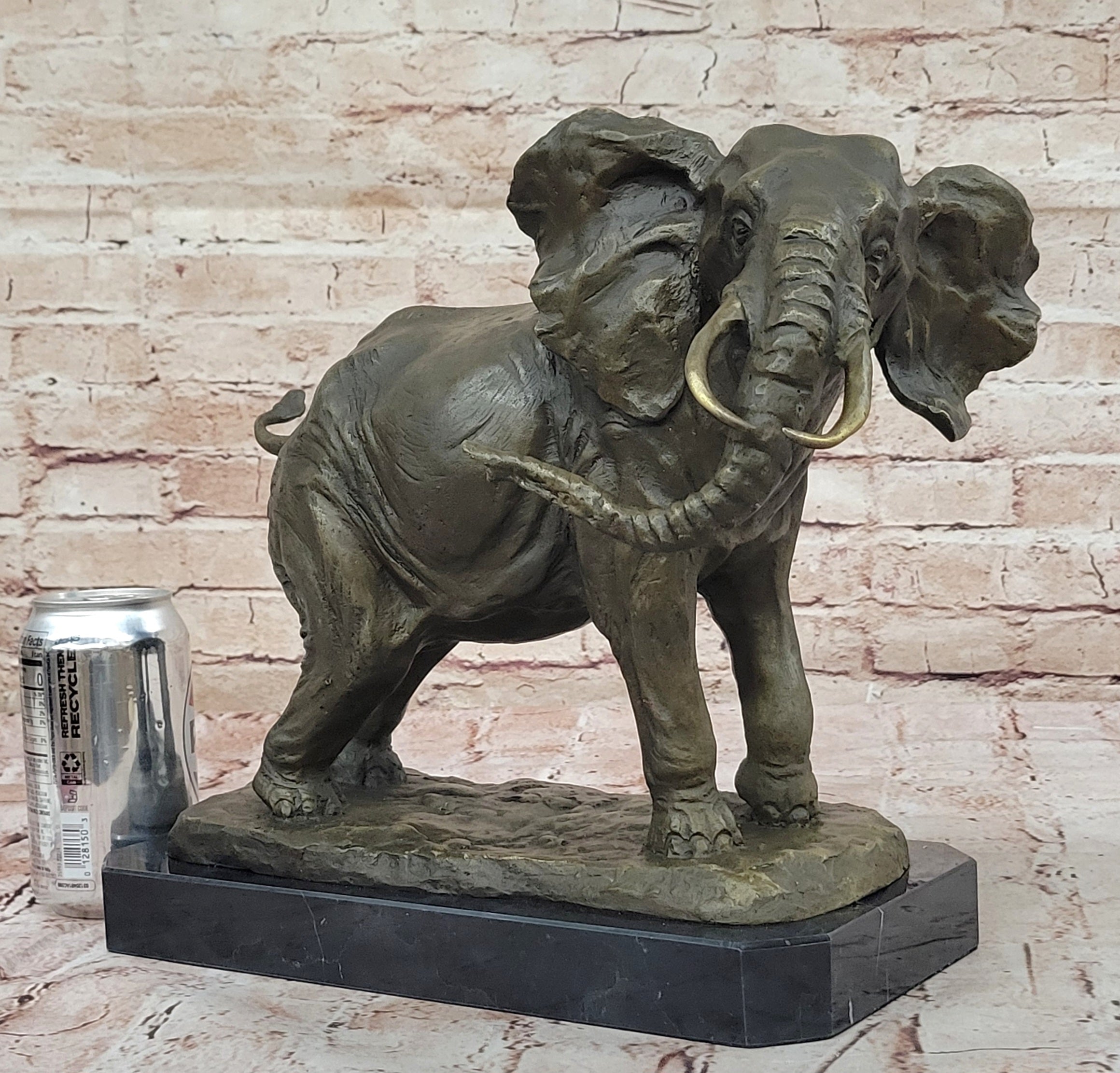 African Elephant Bronze Sculpture; Lifelike Safari Artwork on Marble Base