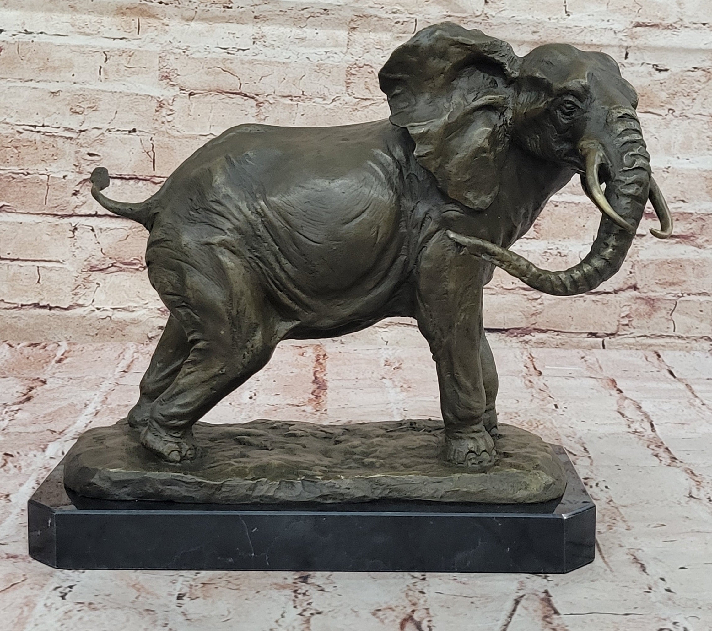 African Elephant Bronze Sculpture; Lifelike Safari Artwork on Marble Base