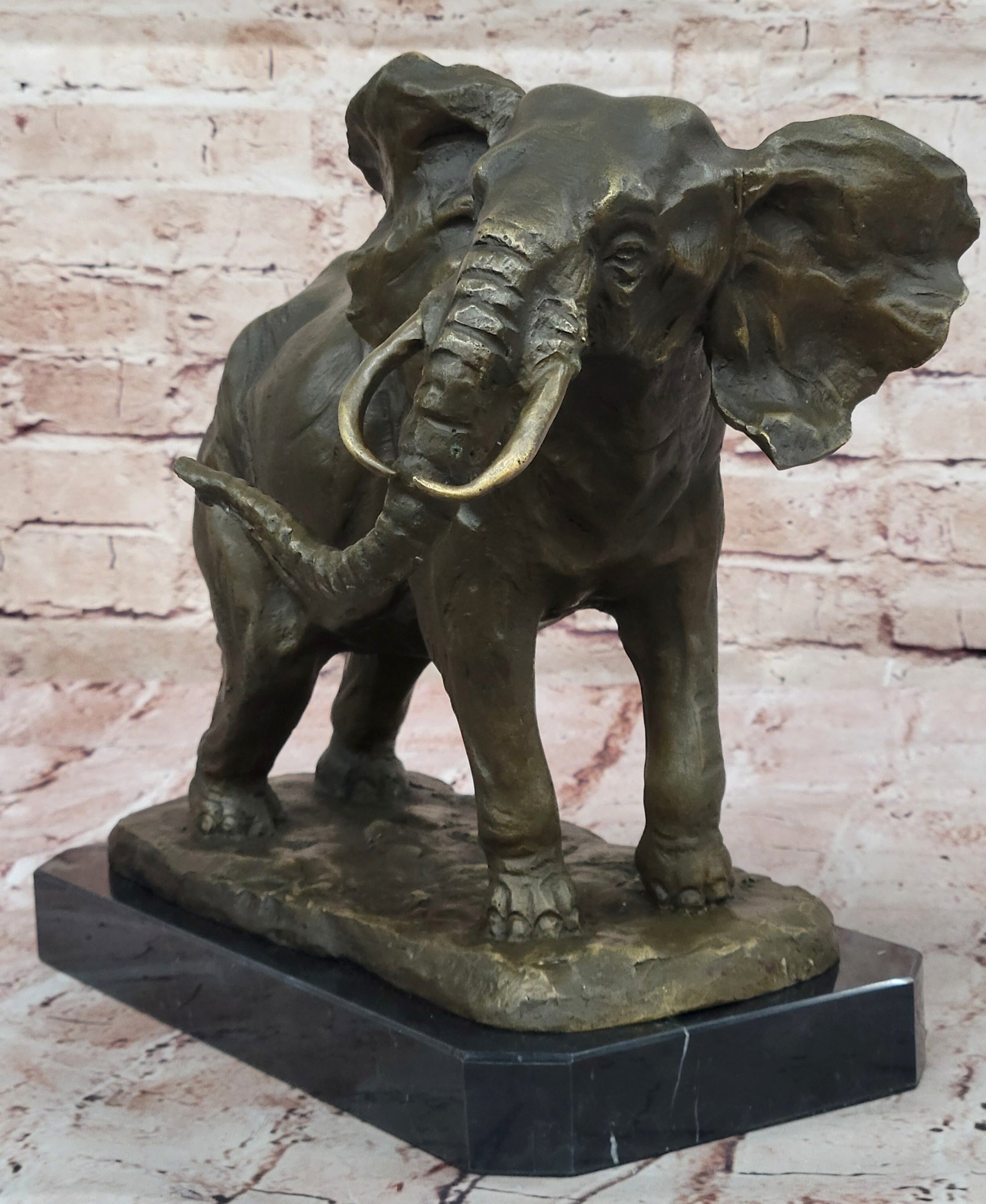 African Elephant Bronze Sculpture; Lifelike Safari Artwork on Marble Base