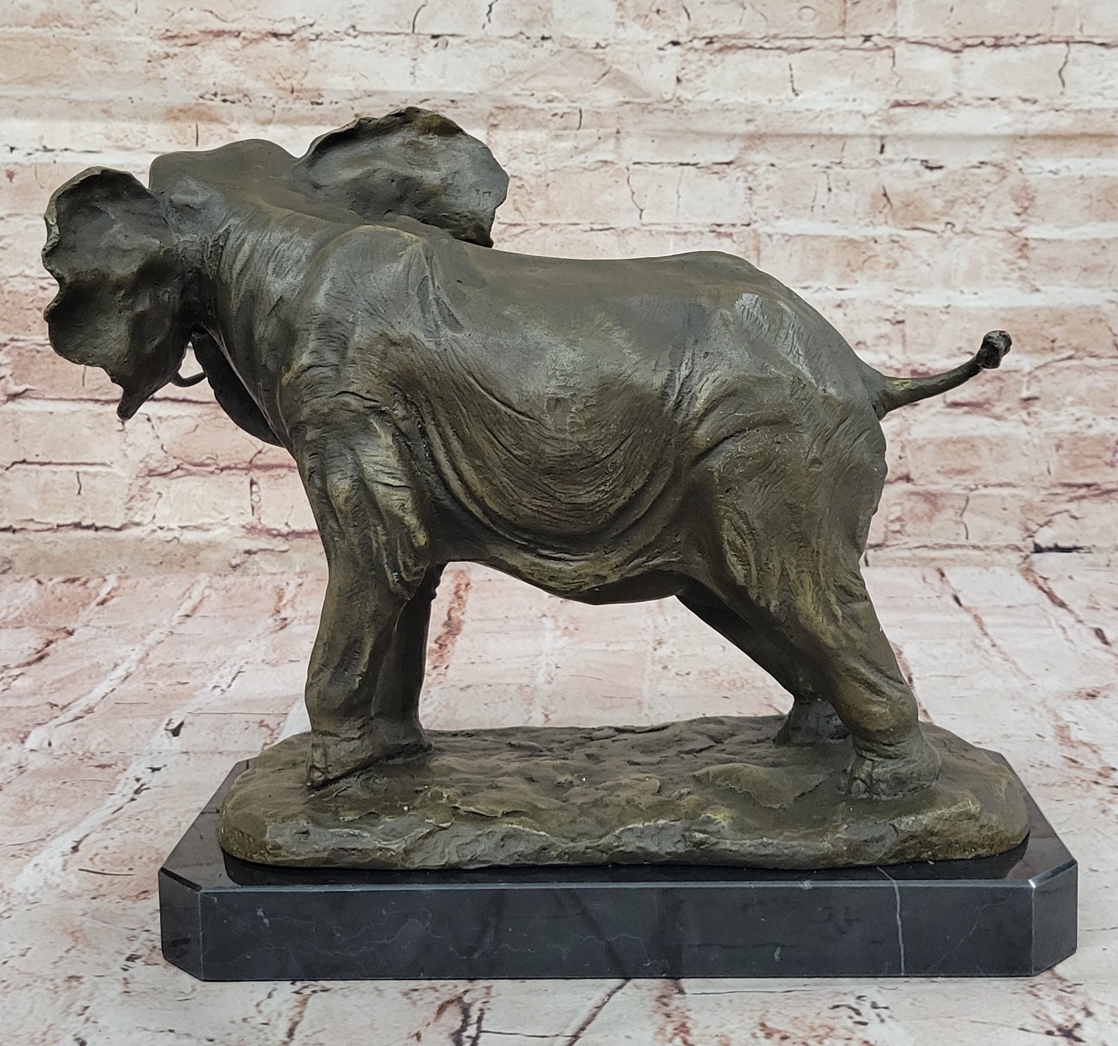 African Elephant Bronze Sculpture; Lifelike Safari Artwork on Marble Base