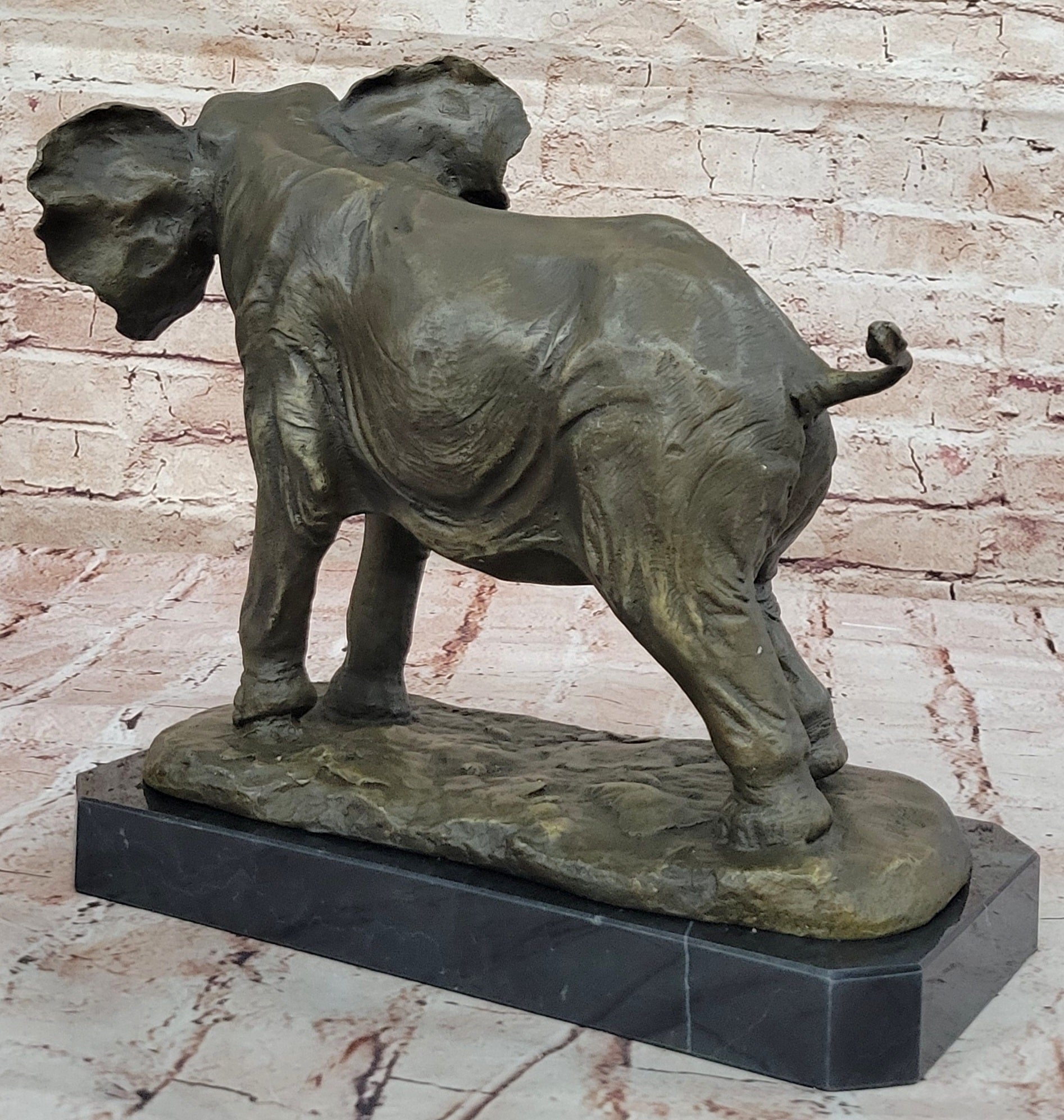 African Elephant Bronze Sculpture; Lifelike Safari Artwork on Marble Base