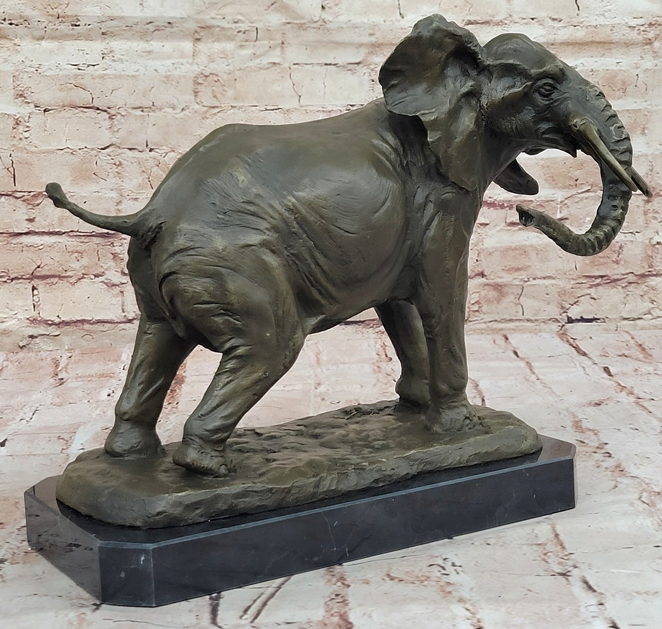 African Elephant Bronze Sculpture; Lifelike Safari Artwork on Marble Base