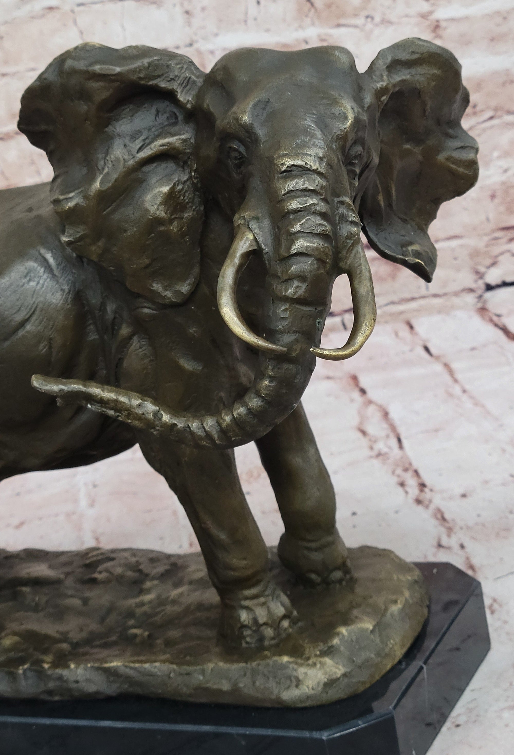 African Elephant Bronze Sculpture; Lifelike Safari Artwork on Marble Base