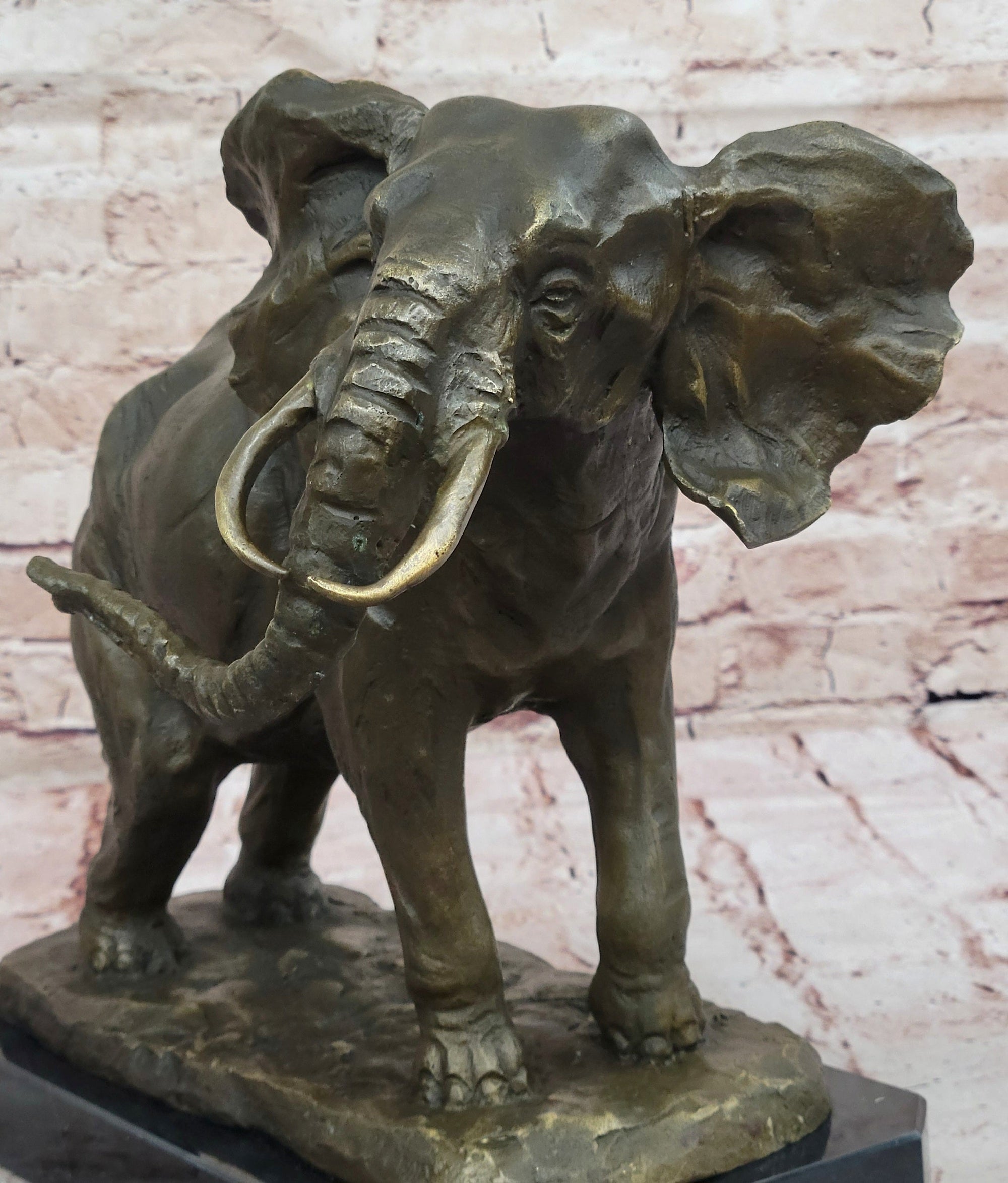 African Elephant Bronze Sculpture; Lifelike Safari Artwork on Marble Base