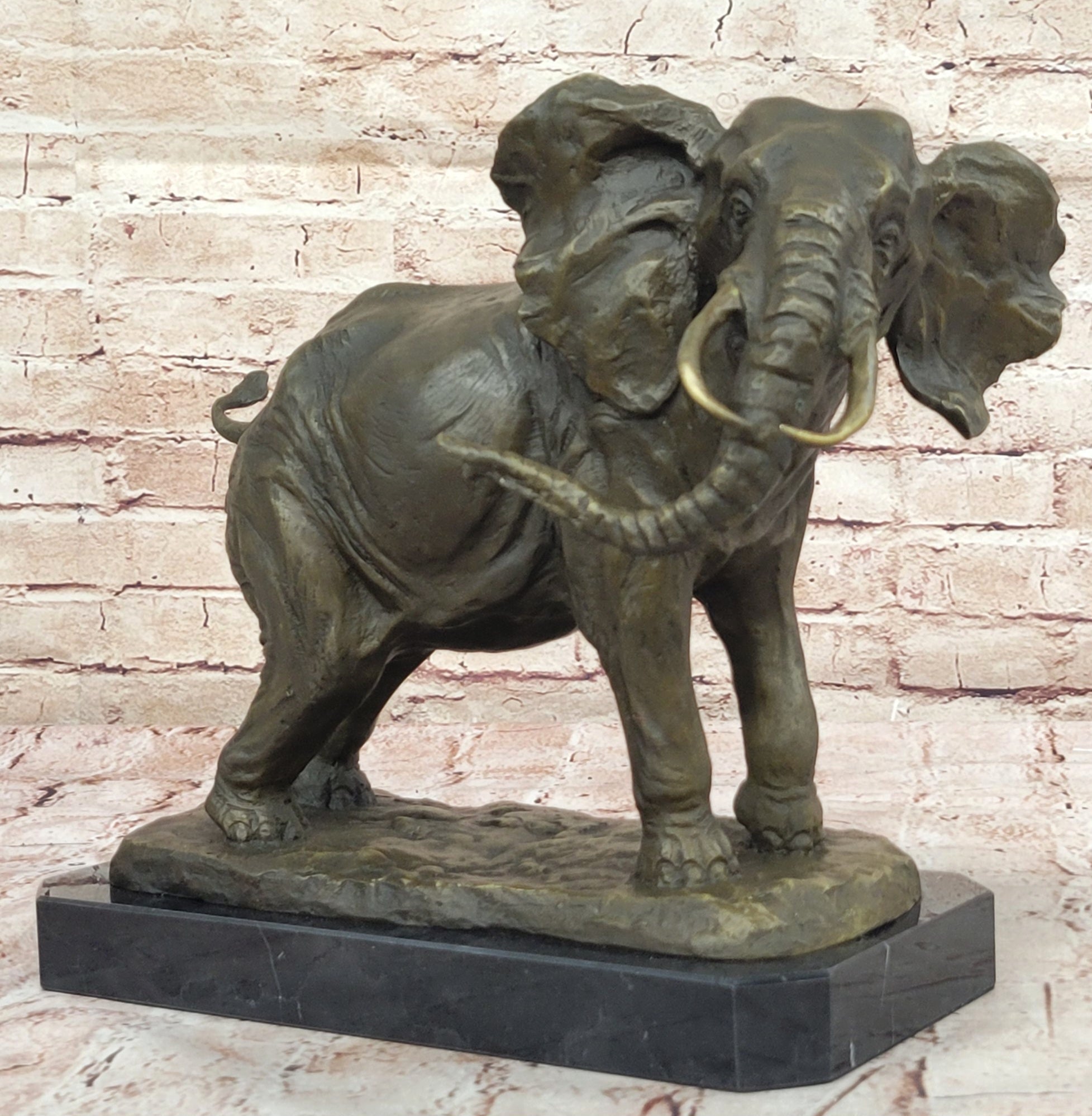 African Elephant Bronze Sculpture; Lifelike Safari Artwork on Marble Base