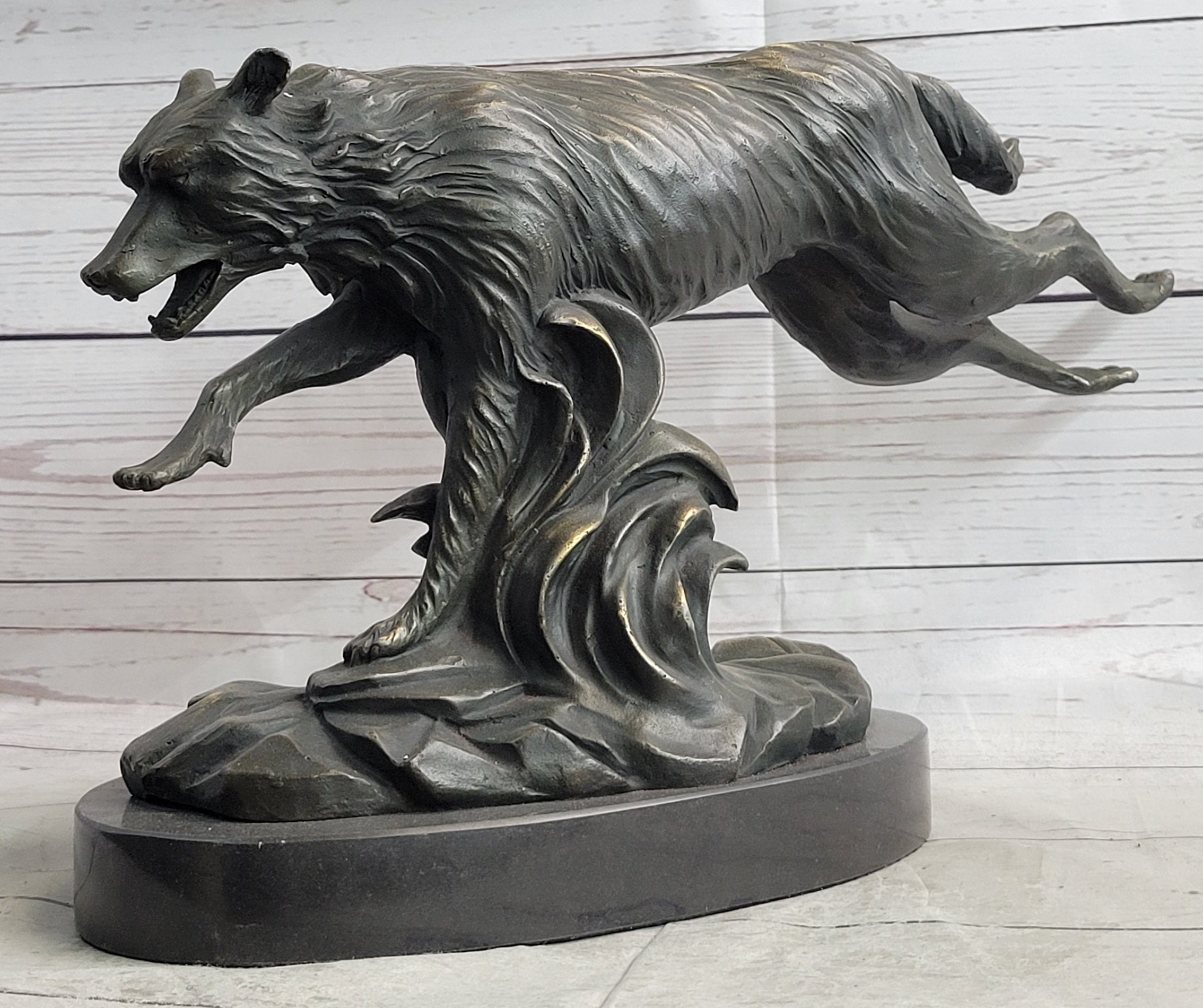 Running Wolf Dog Wildlife Art Decor Bronze Metal Statue Sculpture Original Art