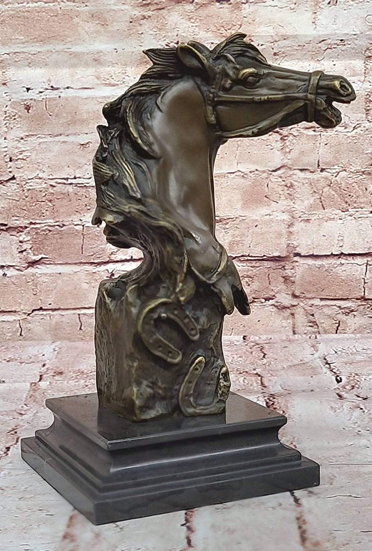 Horse Head Bust Abstract Bronze Metal Statue Sculpture Figure on Marble Base Original Art