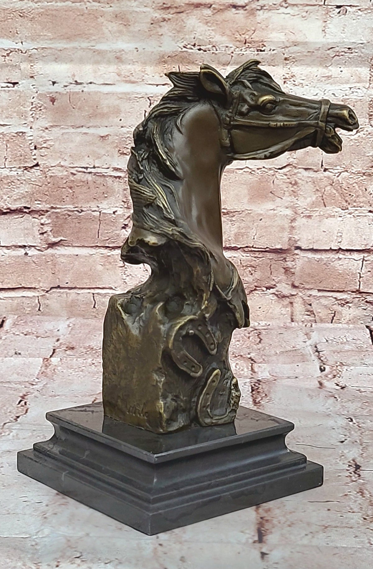 Horse Head Bust Abstract Bronze Metal Statue Sculpture Figure on Marble Base Original Art