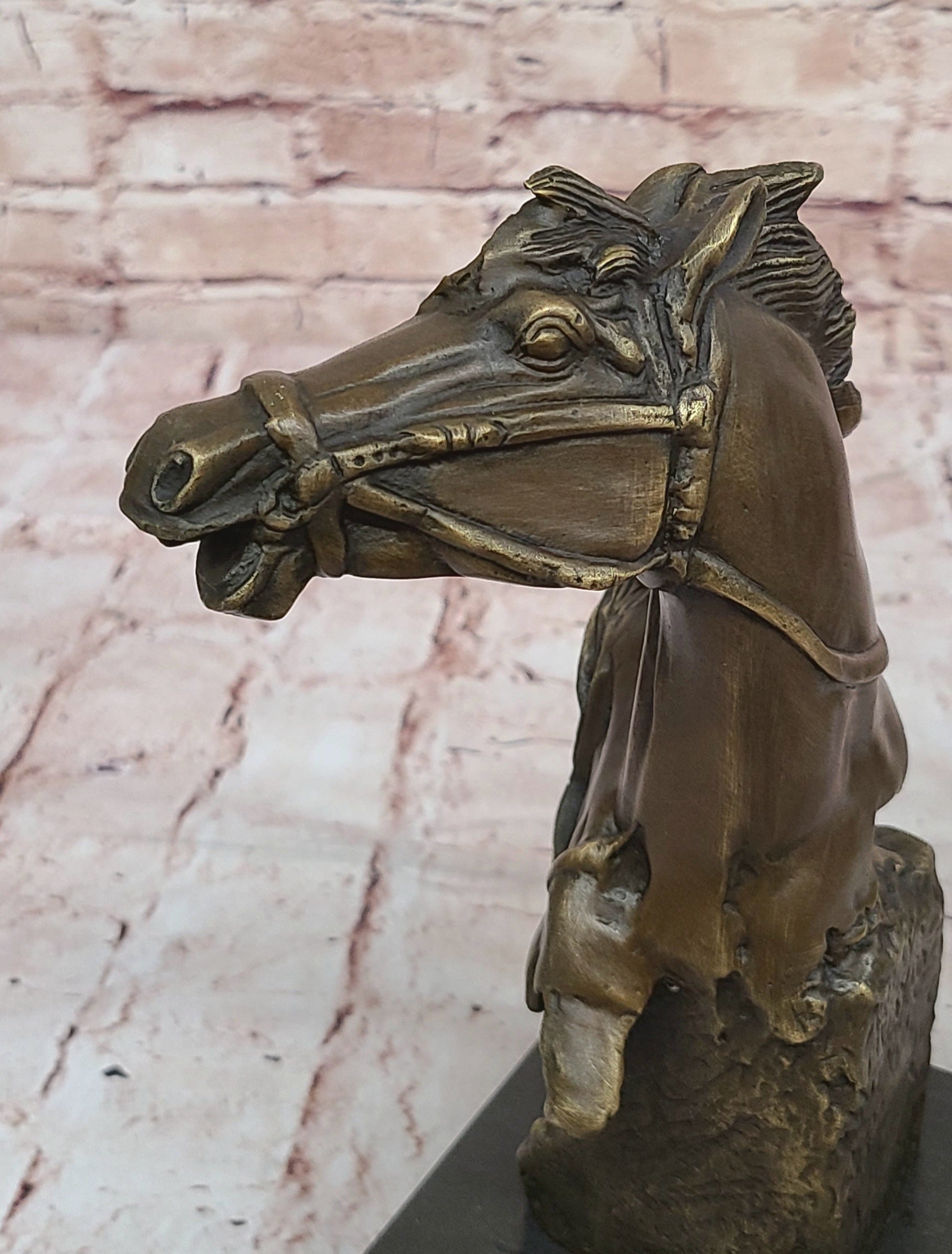 Horse Head Bust Abstract Bronze Metal Statue Sculpture Figure on Marble Base Original Art