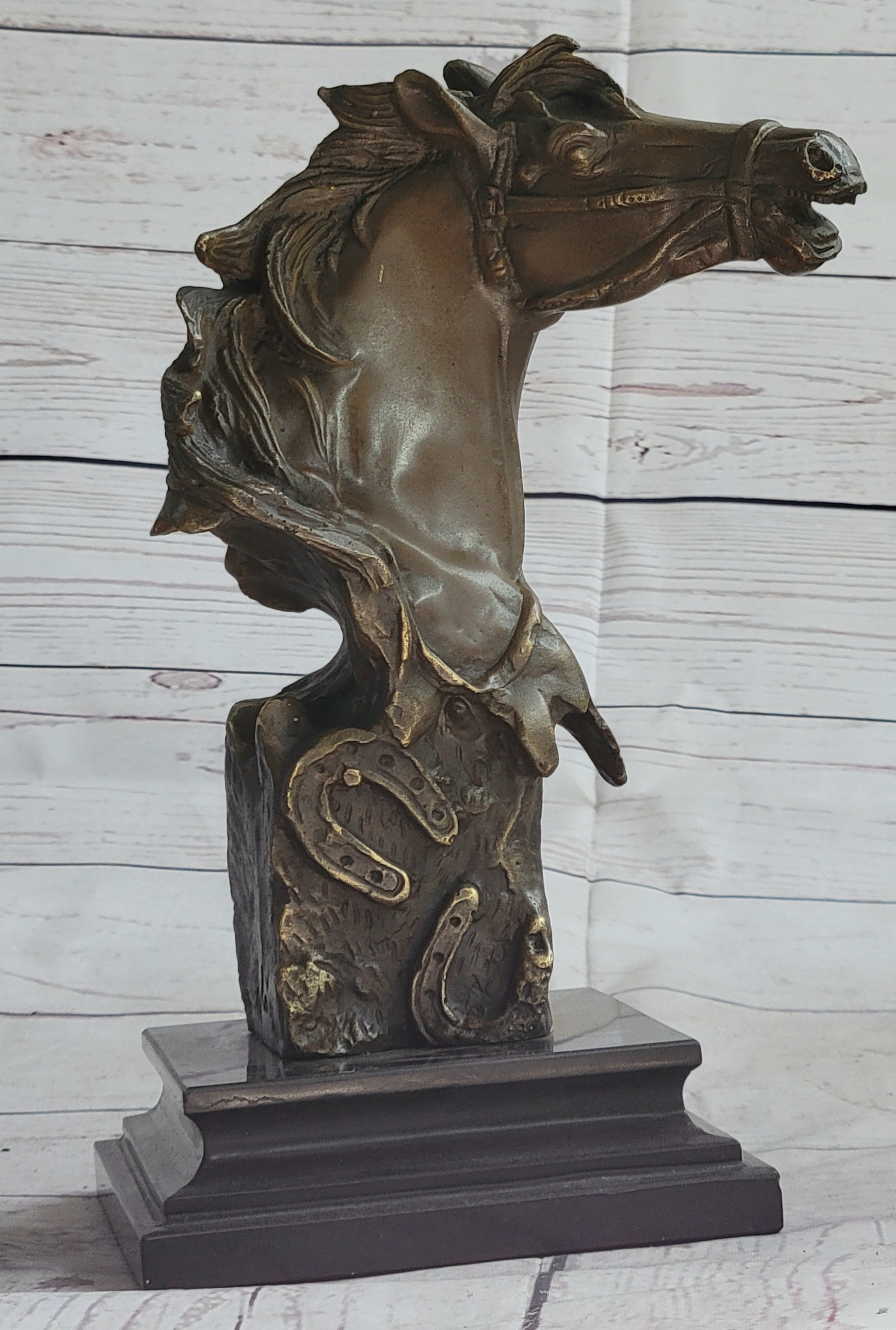 Horse Head Bust Abstract Bronze Metal Statue Sculpture Figure on Marble Base Original Art
