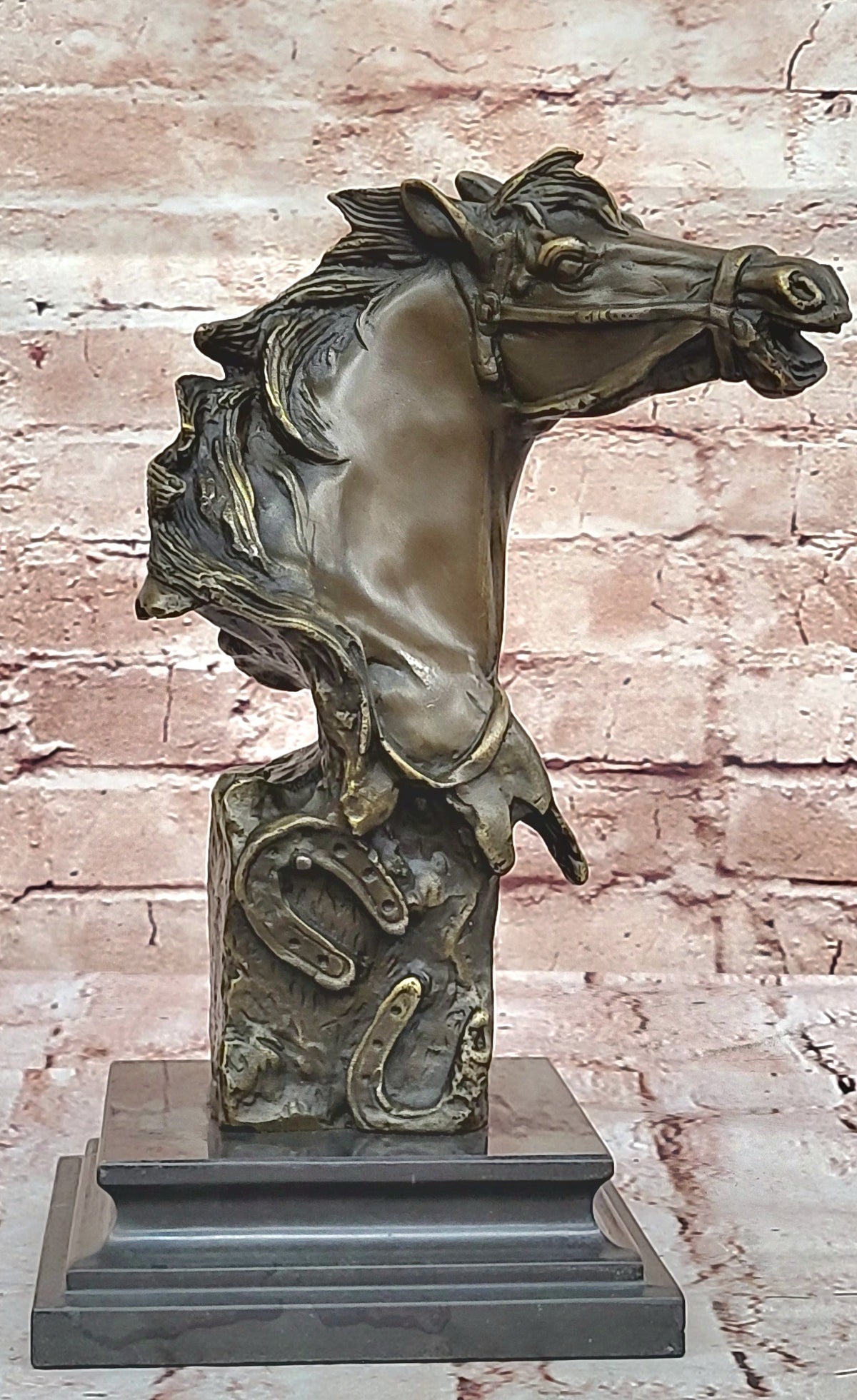 Horse Head Bust Abstract Bronze Metal Statue Sculpture Figure on Marble Base Original Art