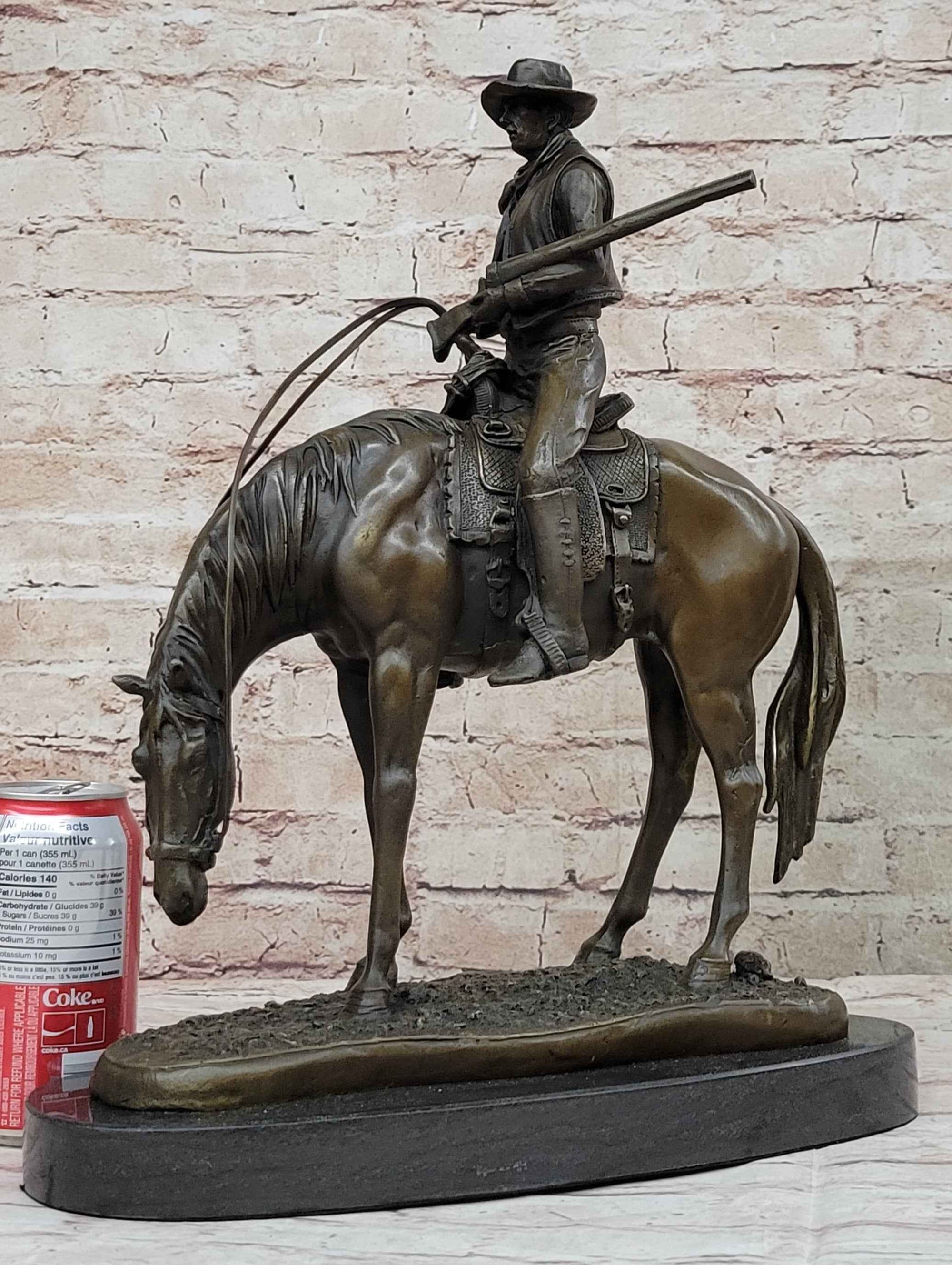 Western Cowboy on Horseback w/ Shotgun Bronze Sculpture Statue 16" x 14"