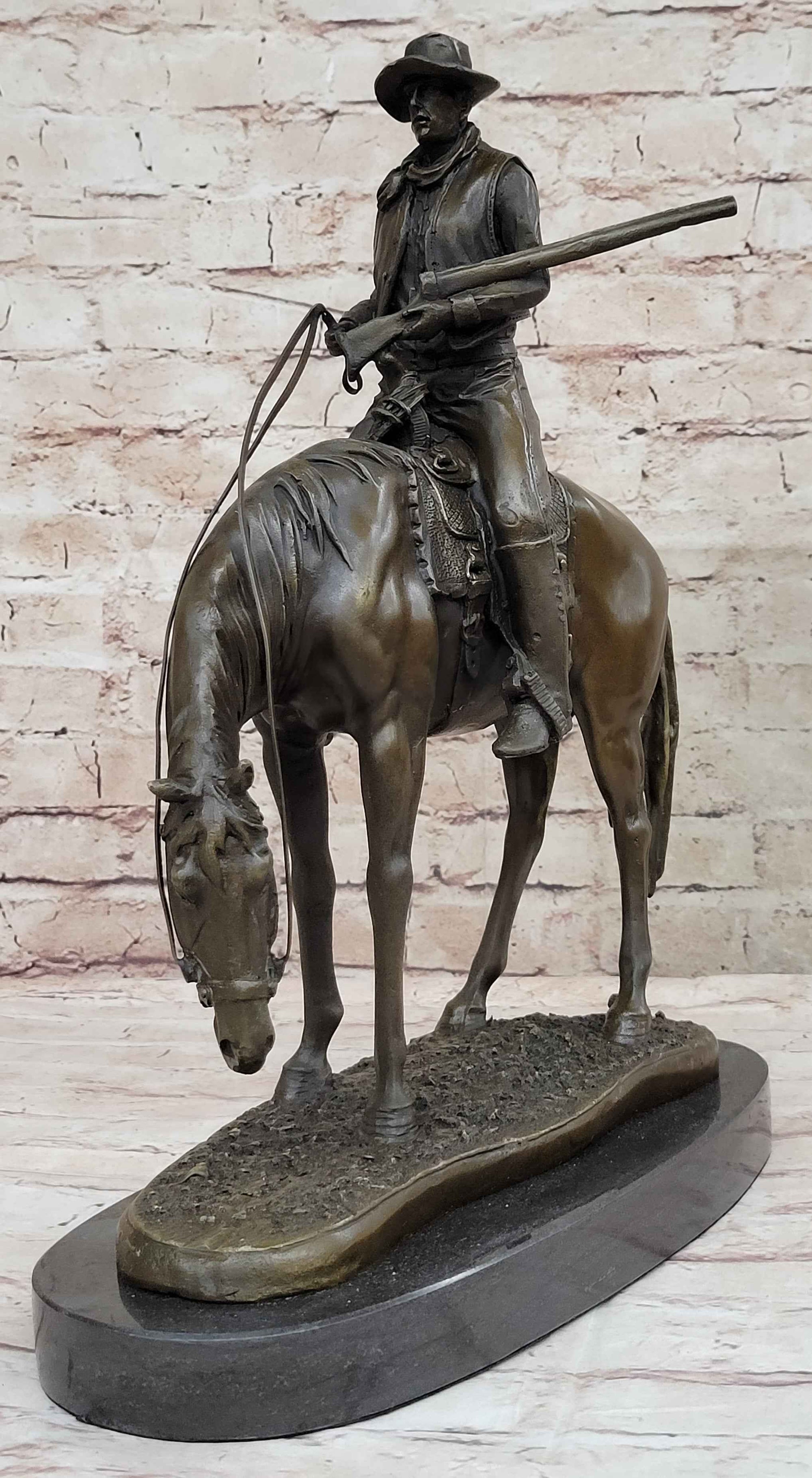 Western Cowboy on Horseback w/ Shotgun Bronze Sculpture Statue 16" x 14"