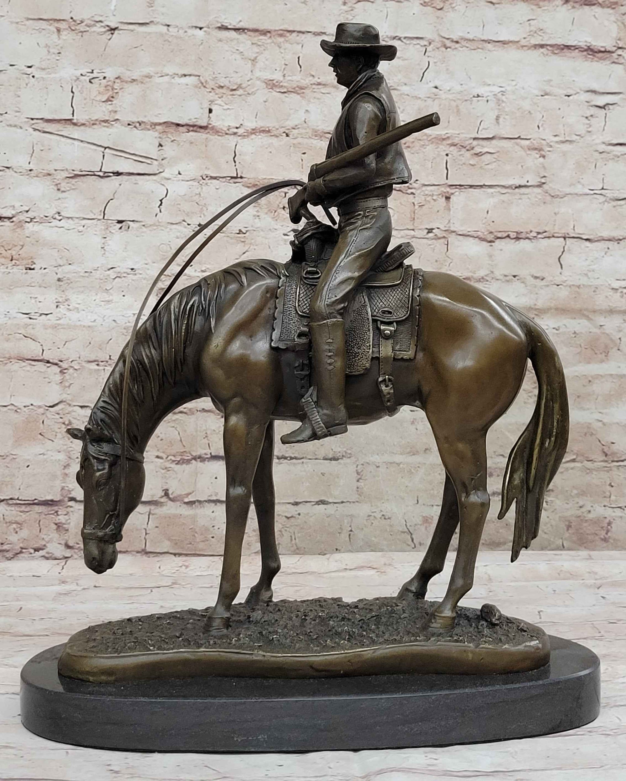Western Cowboy on Horseback w/ Shotgun Bronze Sculpture Statue 16" x 14"