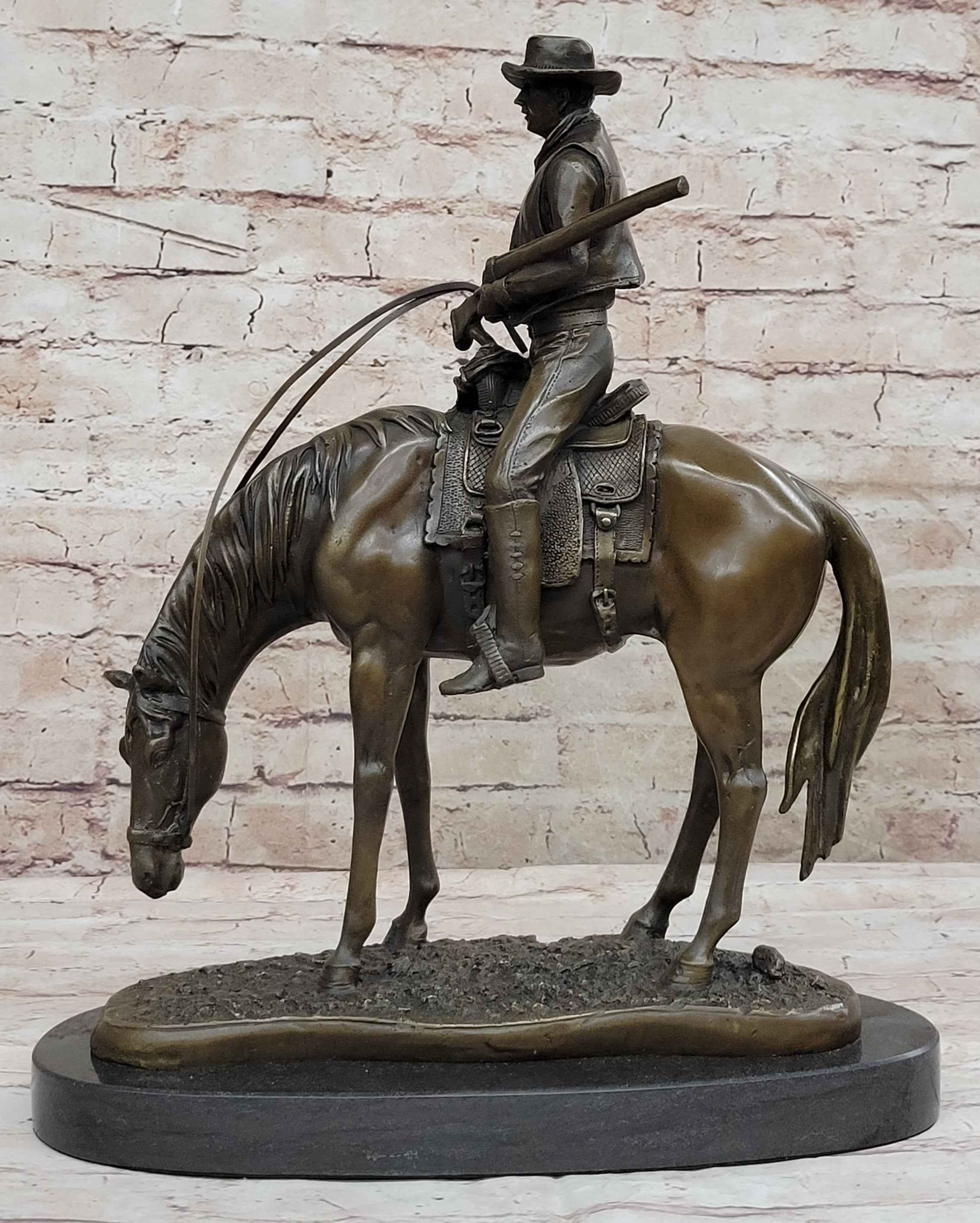Western Cowboy on Horseback w/ Shotgun Bronze Sculpture Statue 16" x 14"