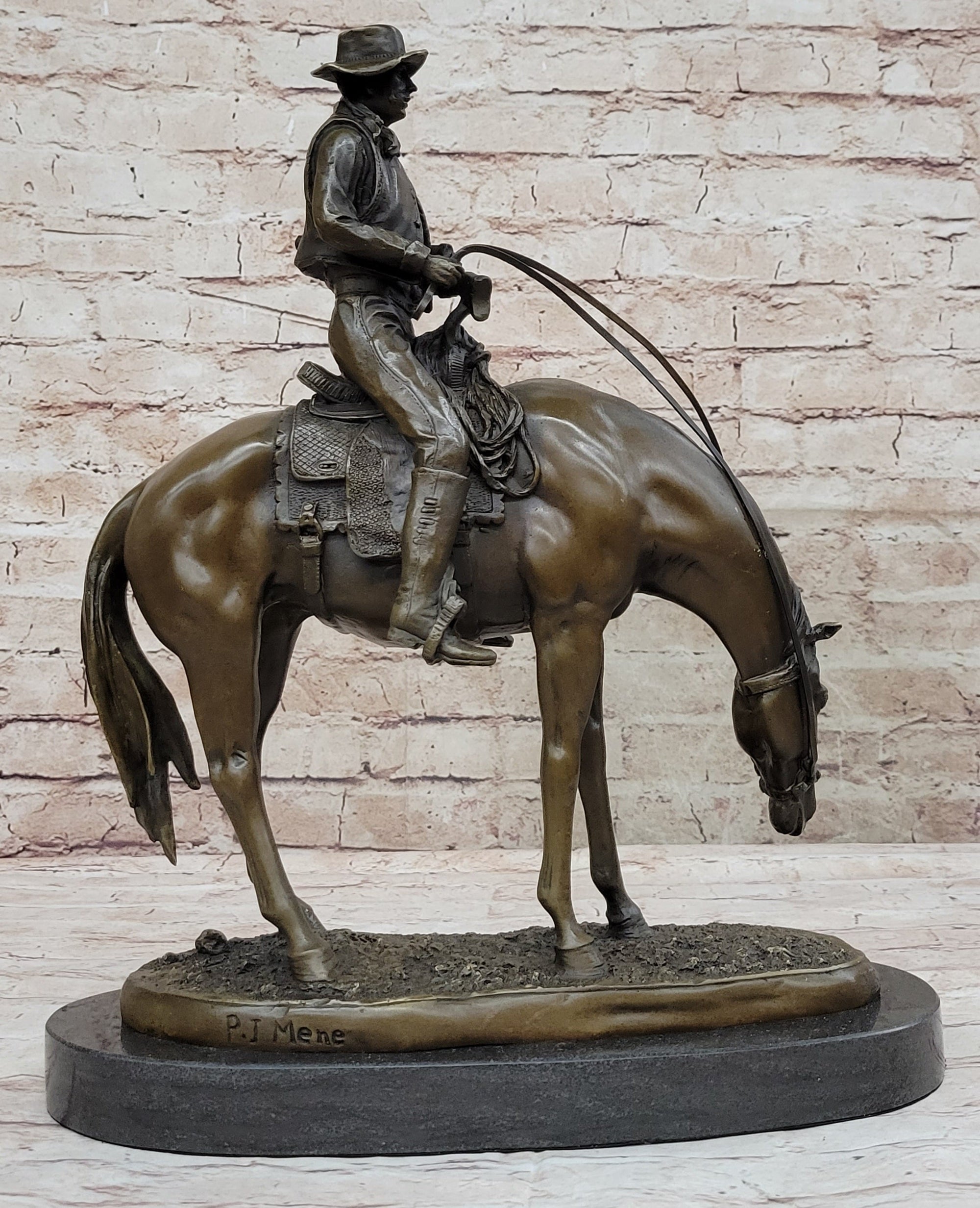 Western Cowboy on Horseback w/ Shotgun Bronze Sculpture Statue 16" x 14"